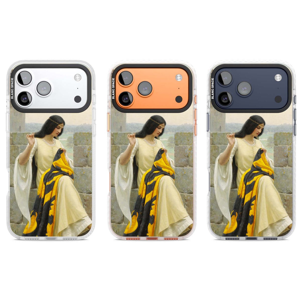 Stitching the Standard renaissance art iPhone case featuring a medieval lady sewing a golden banner on a castle wall | Black Impact case for iPhone 17 Pro, iPhone 17 Pro Max