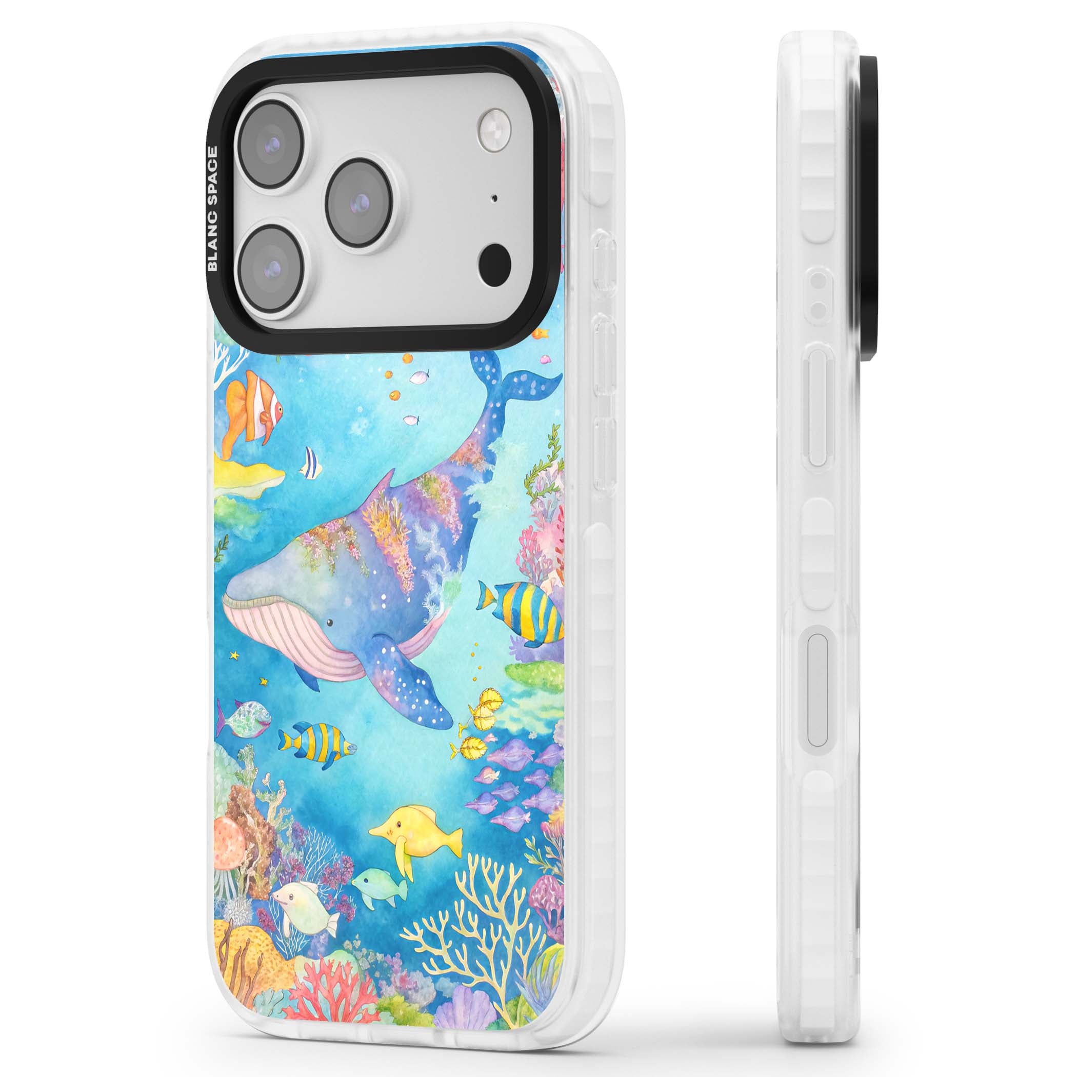Coral Lagoon ocean iPhone case featuring a watercolour whale, coral reef and tropical fish | Black Impact case for iPhone 17 Pro, iPhone 17 Pro Max