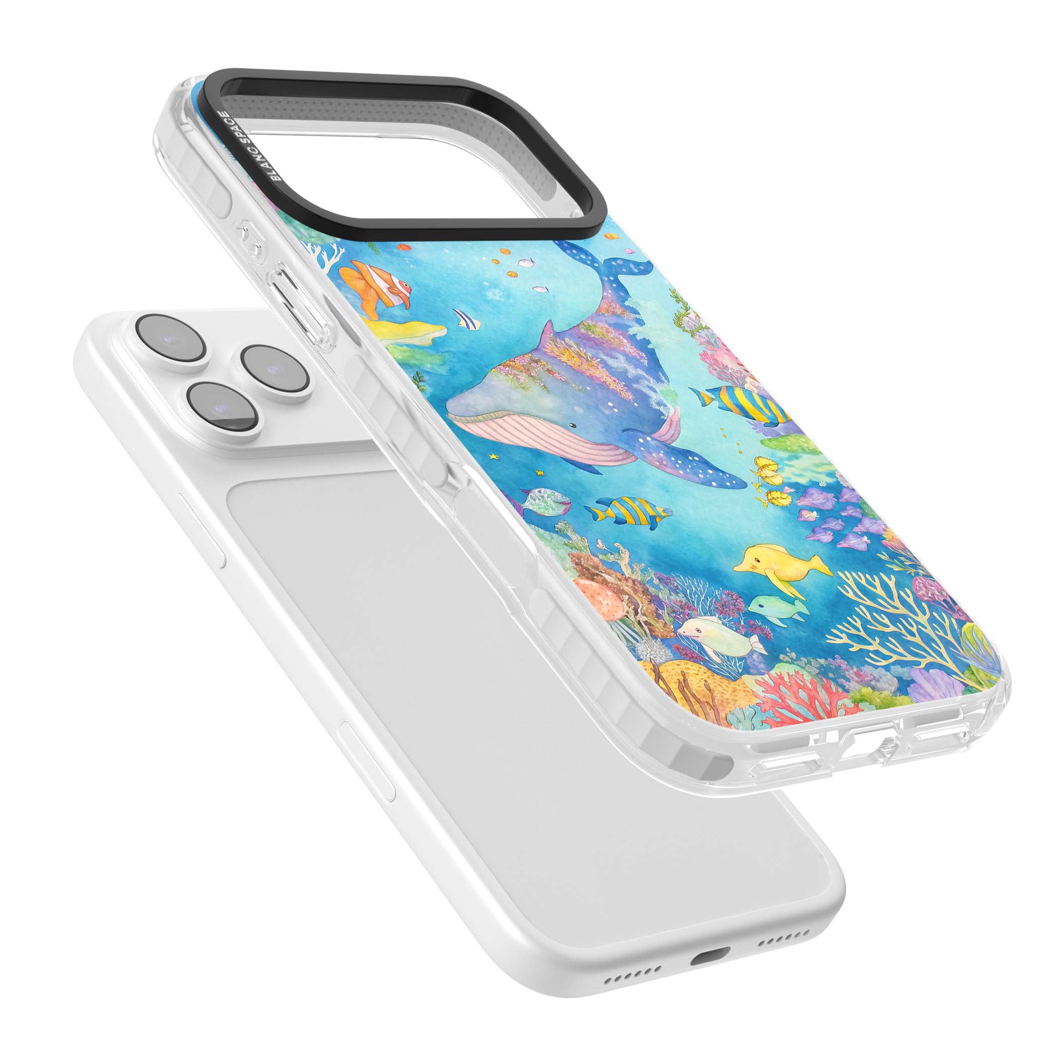 Coral Lagoon ocean iPhone case featuring a watercolour whale, coral reef and tropical fish | Black Impact case for iPhone 17 Pro, iPhone 17 Pro Max