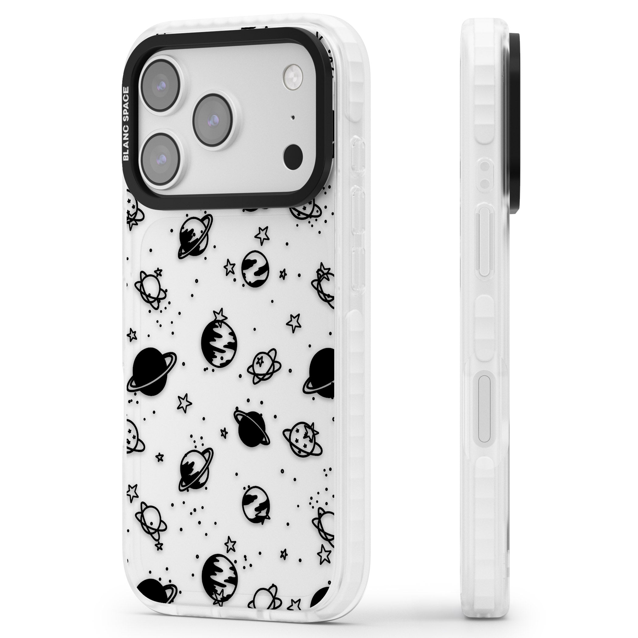 Black Planets iPhone 17 Pro Max Impact Clear Phone Case Side Profile
