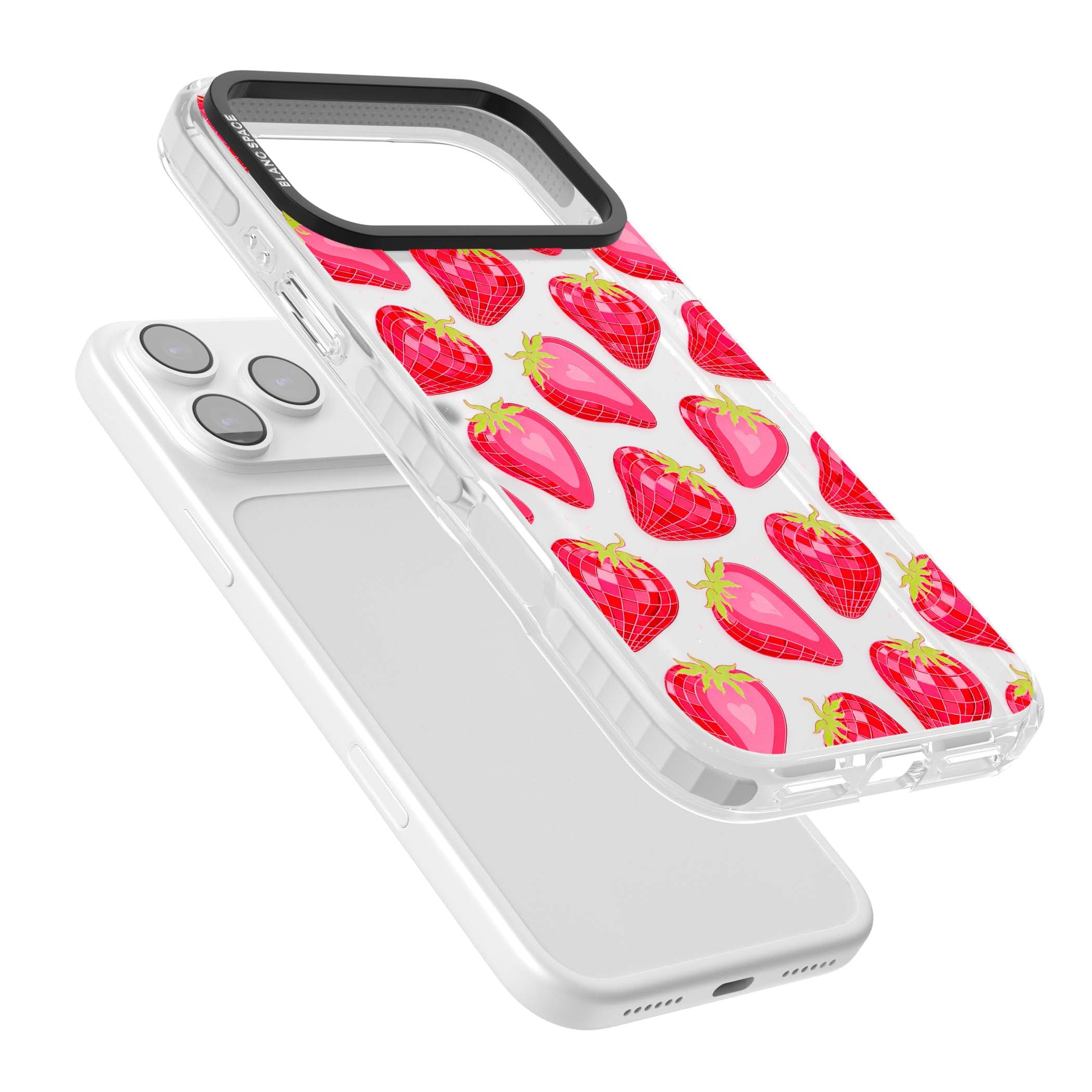 Disco Strawberry Y2K iPhone case featuring pink disco-ball strawberries, green leaves and tiny sparkles | Black Impact case for iPhone 17 Pro, iPhone 17 Pro Max