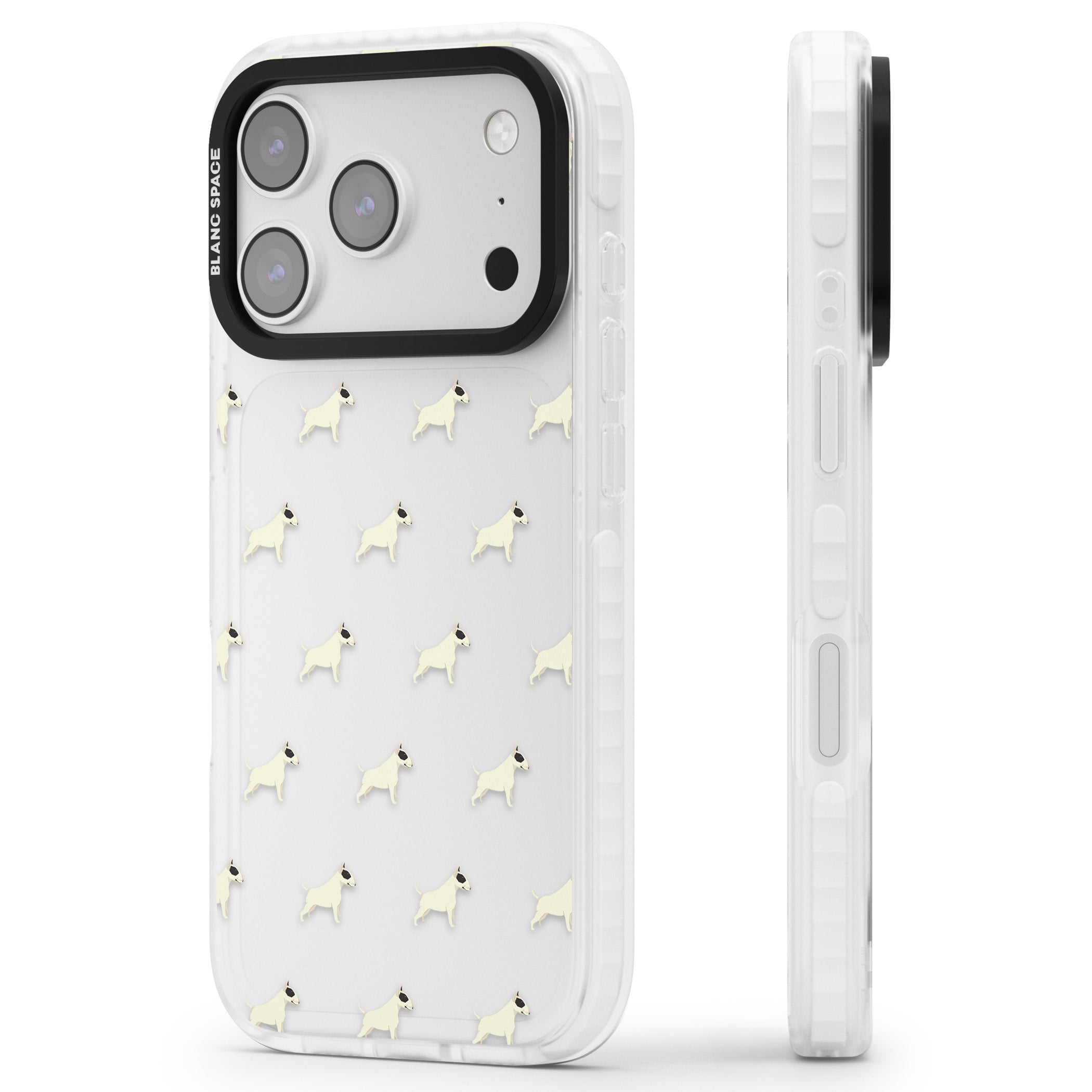 Bull Terrier Pattern iPhone 17 Pro Max Impact Clear Phone Case Side Profile