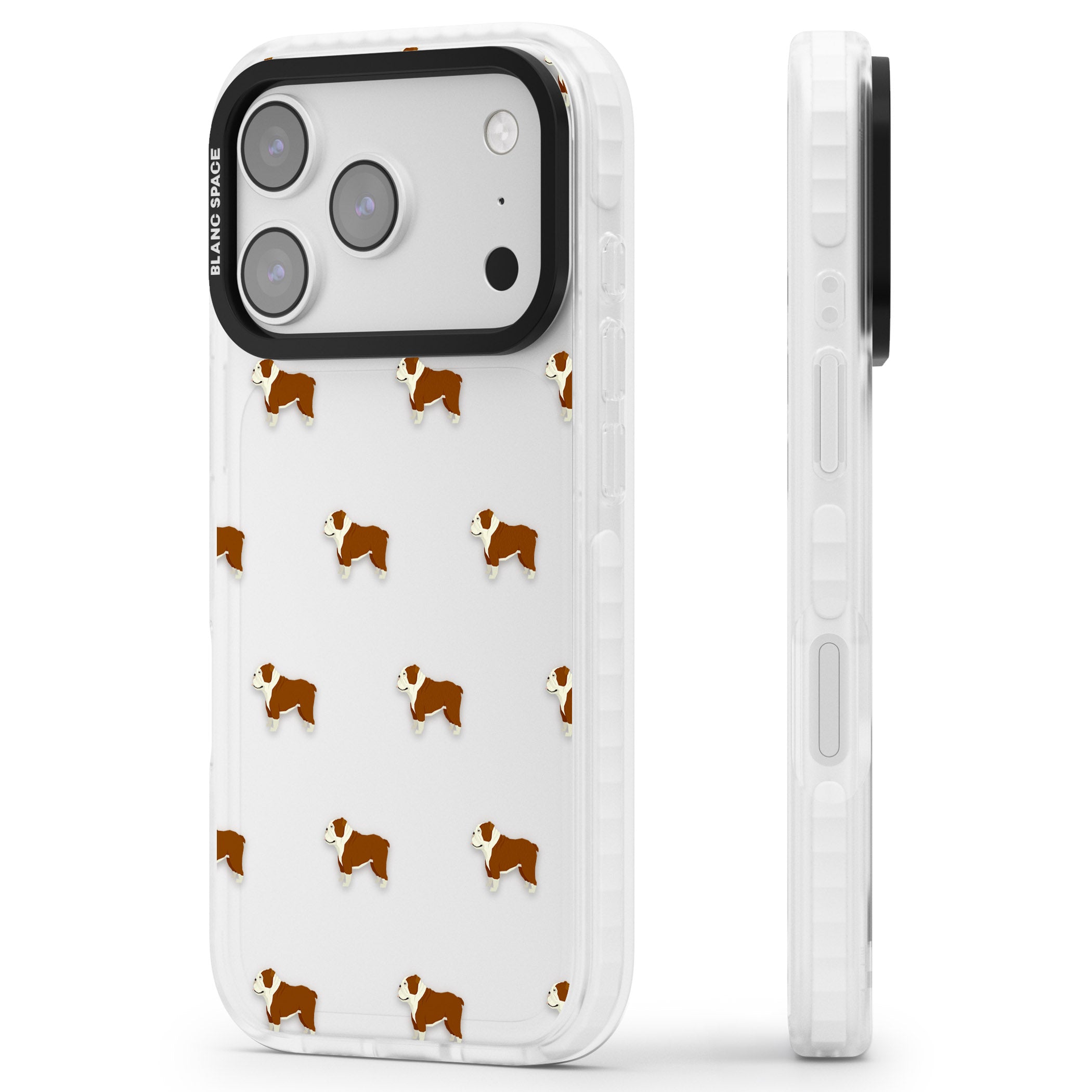 Bulldog Pattern Clear iPhone 17 Pro Max Impact Clear Phone Case Side Profile