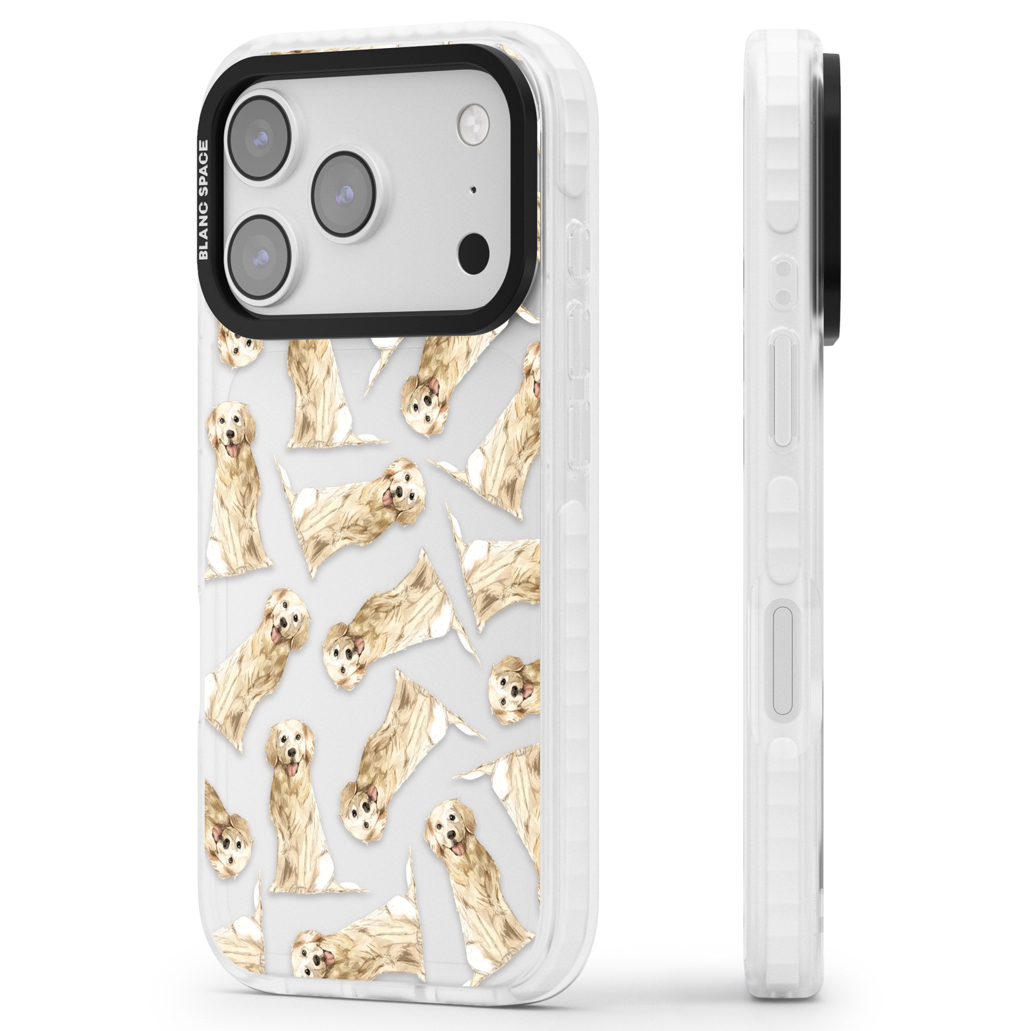 Golden Retriever Watercolor Pattern iPhone 17 Pro Max Impact Clear Phone Case Side Profile