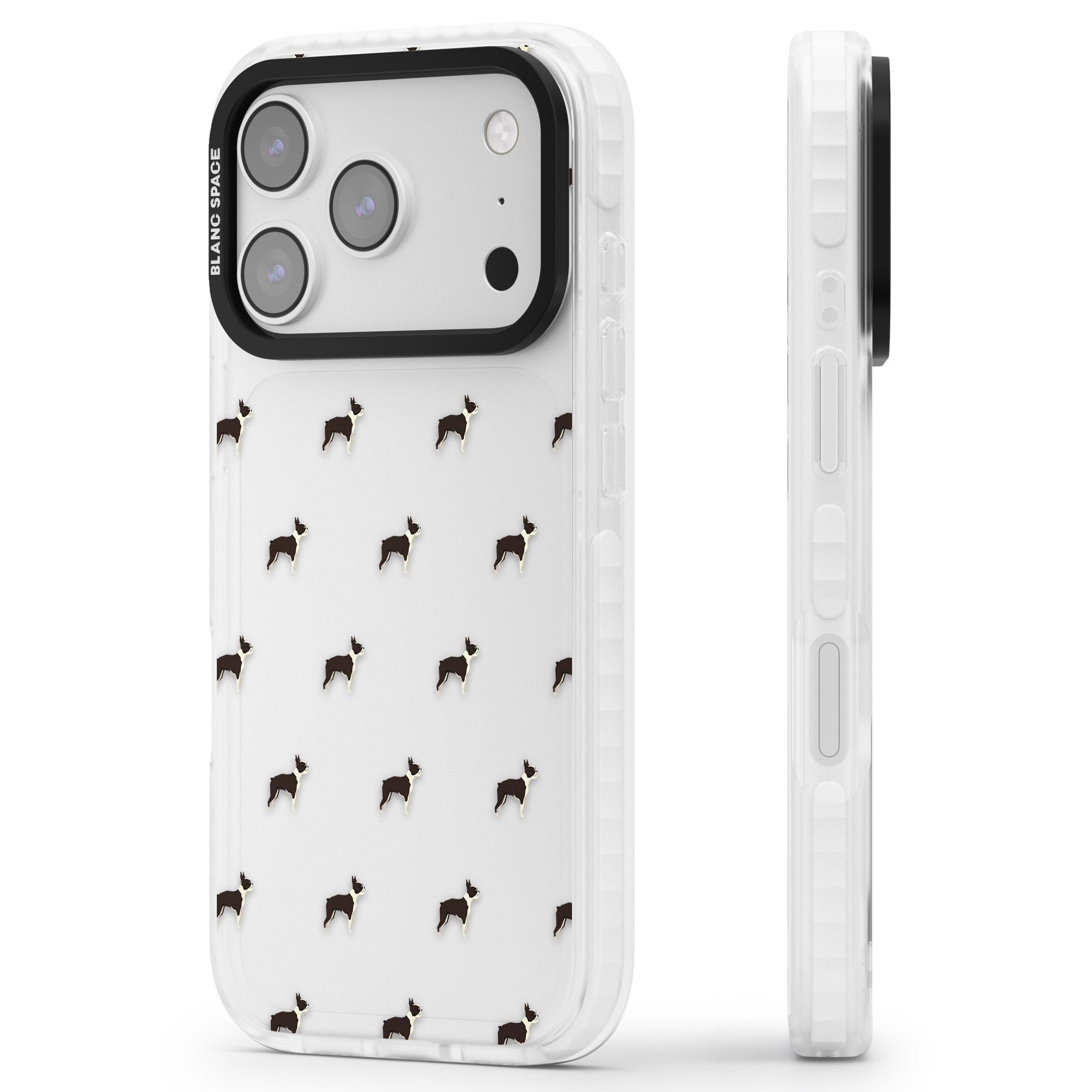 Boston Terrier Pattern iPhone 17 Pro Max Impact Clear Phone Case Side Profile