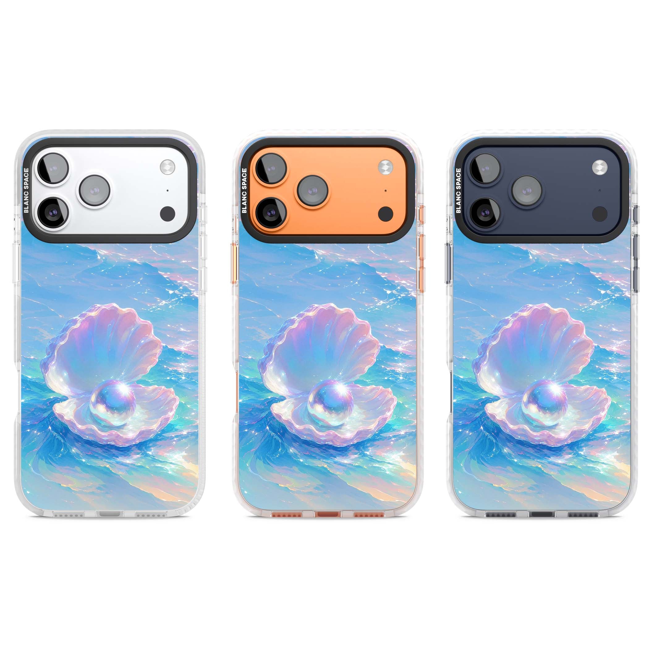 The Pearl Clam mermaidcore iPhone case featuring iridescent seashell, glowing pearl and pastel ocean waves | Black Impact case for iPhone 17 Pro, iPhone 17 Pro Max