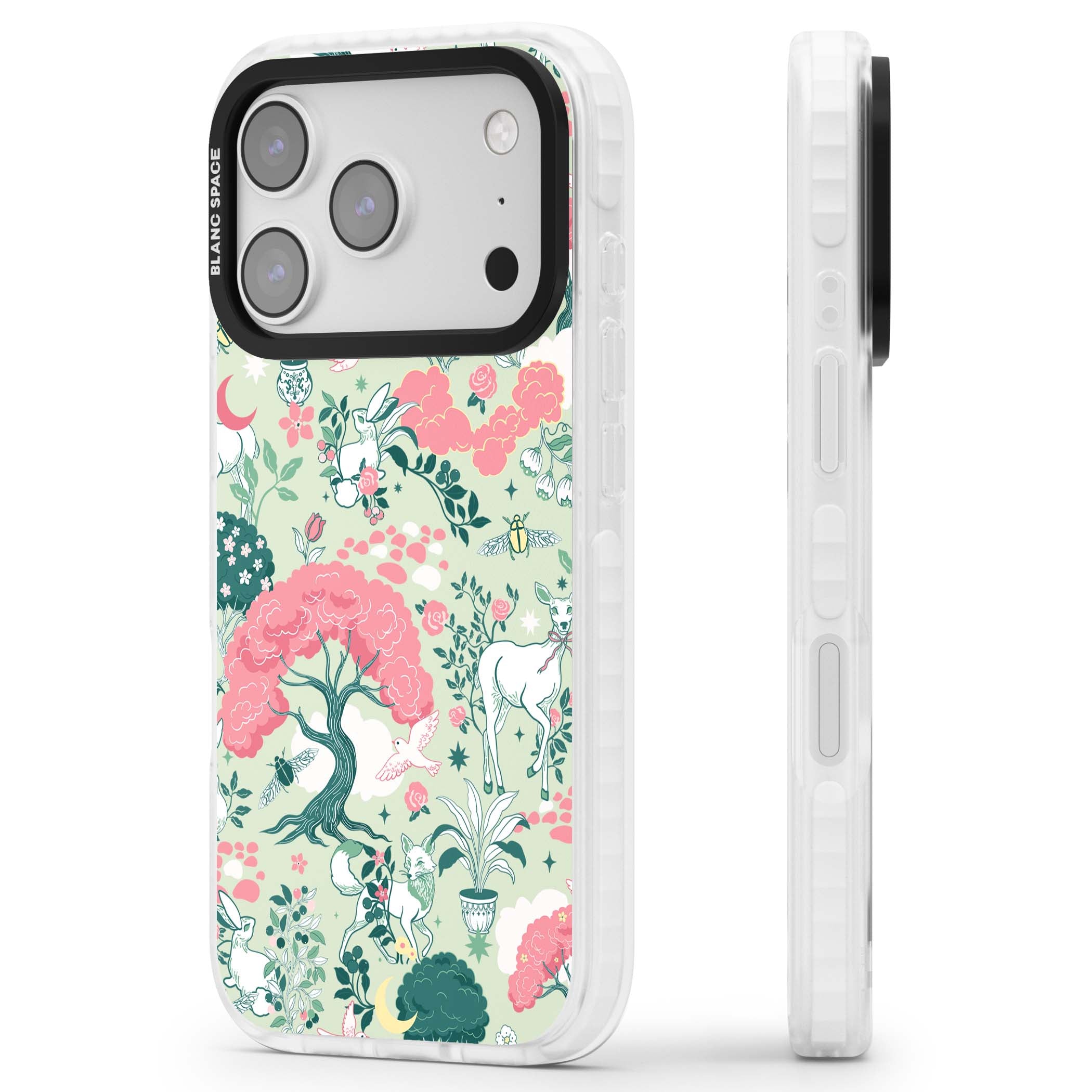 Enchanted Woodland cottagecore iPhone case featuring white deer, pink roses, mushrooms and woodland animals on sage green | Black Impact case for iPhone 17 Pro, iPhone 17 Pro Max