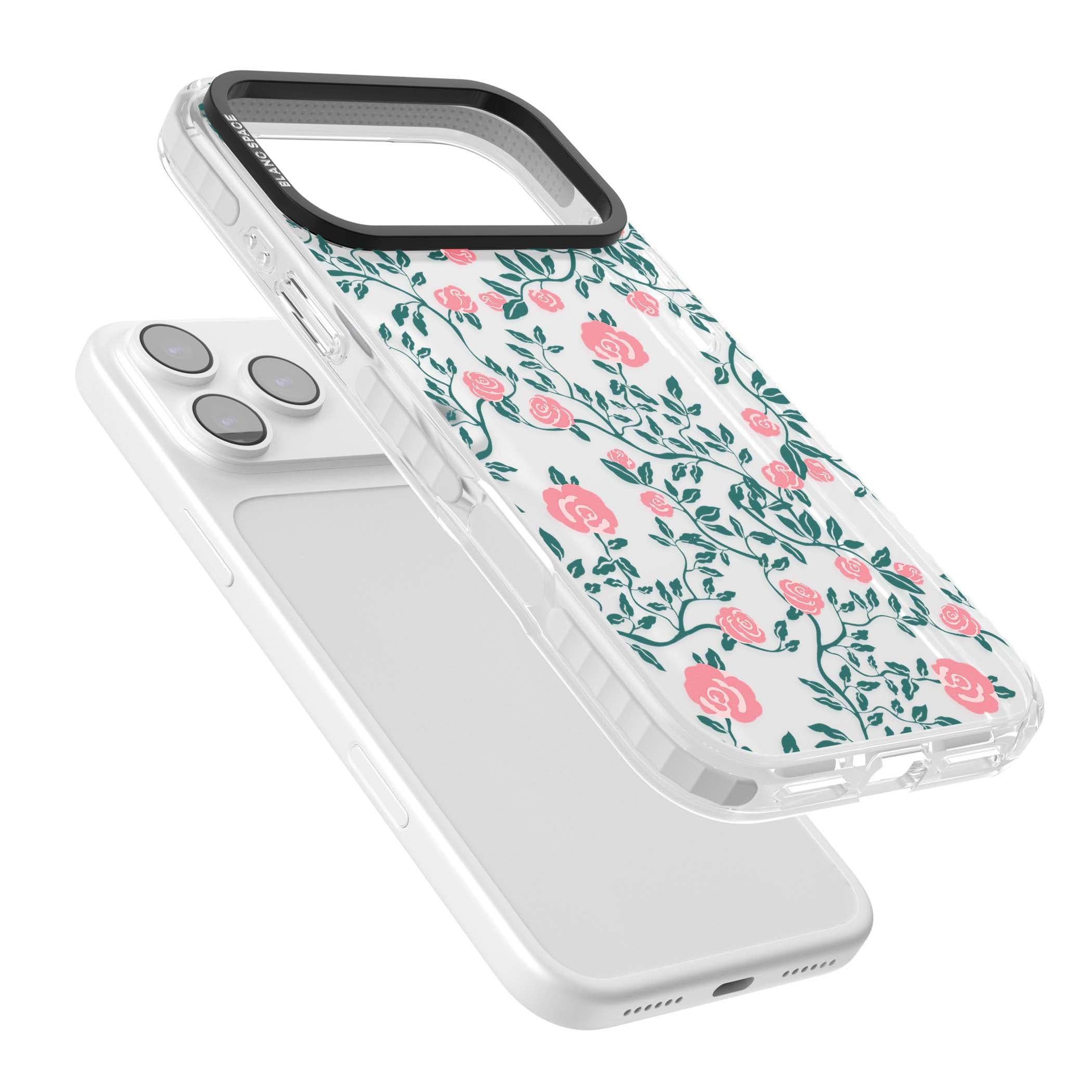 Rose Trellis (Clear) cottagecore iPhone case featuring pink climbing roses and green leaves on clear background | Black Impact case for iPhone 17 Pro, iPhone 17 Pro Max