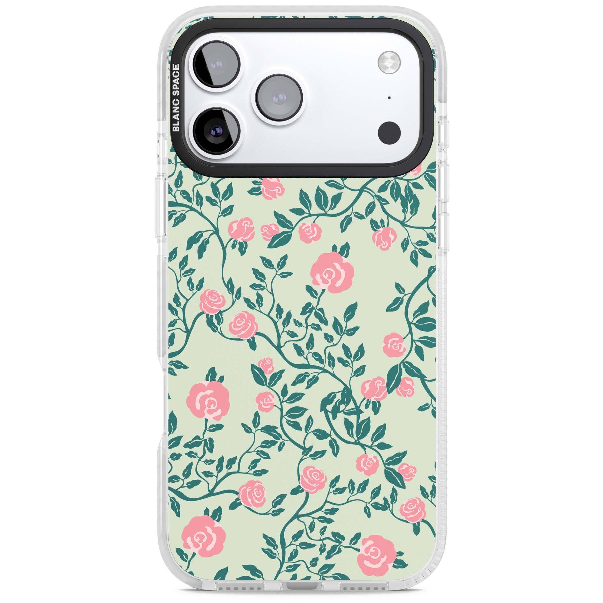 Rose Trellis cottagecore iPhone case featuring pink roses, sage green vines, and mint background | Black Impact case for iPhone 17 Pro, iPhone 17 Pro Max