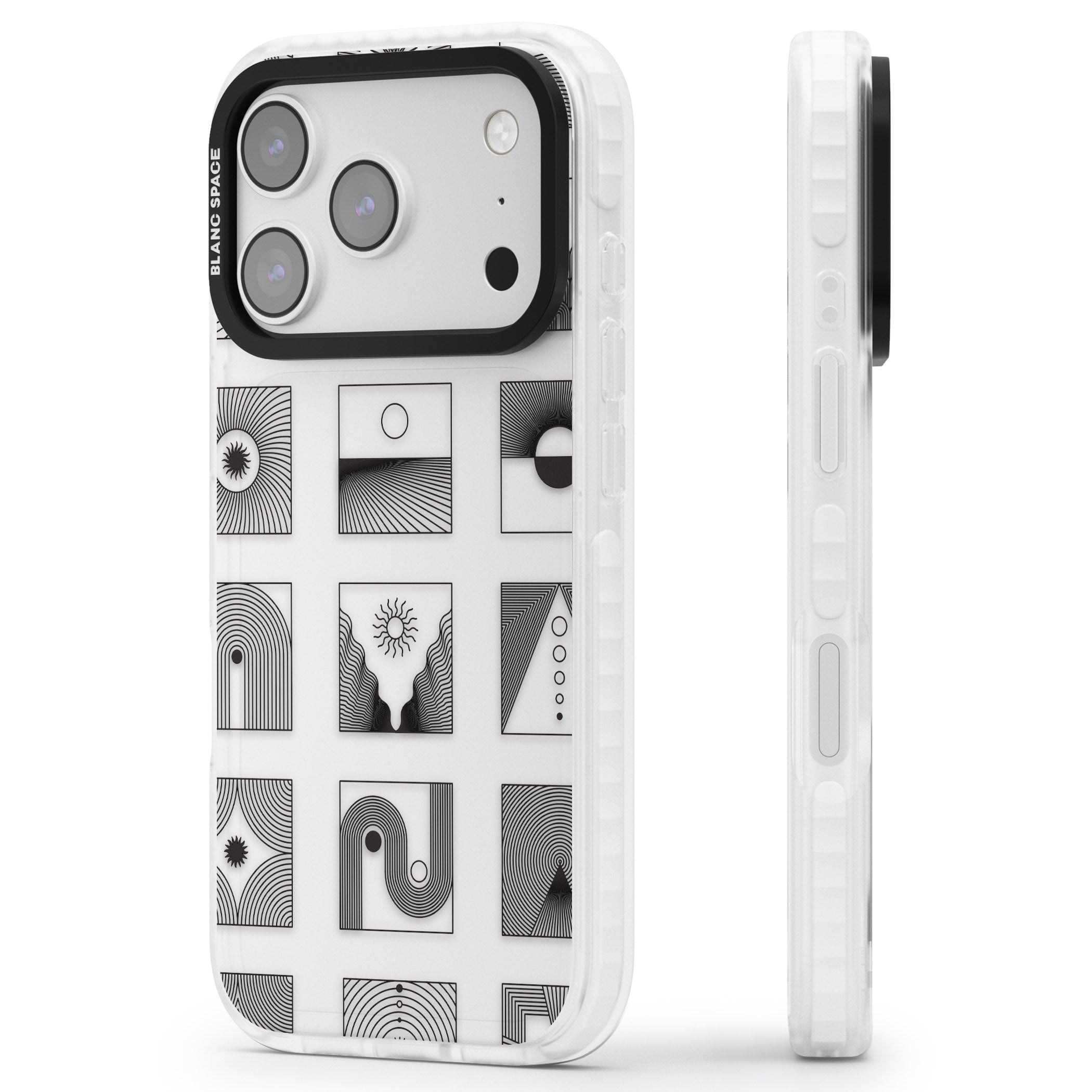 Geometric Pattern Trio: Artistic Blend iPhone 17 Pro Impact Clear Phone Case Side Profile