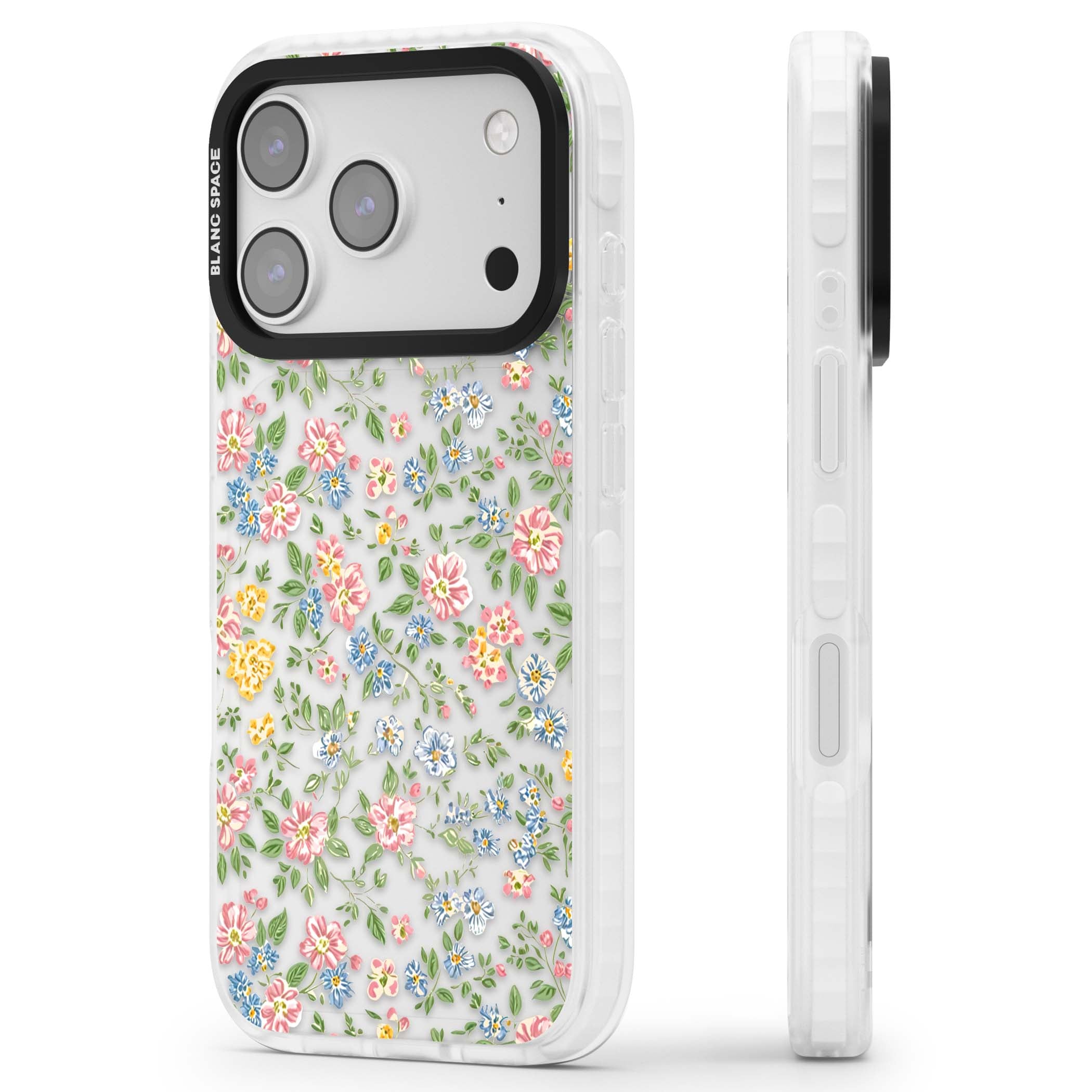 Soft Meadow cottagecore iPhone case featuring pink cosmos, blue forget-me-nots, yellow buttercups and green leaves sca | Black Impact case for iPhone 17 Pro, iPhone 17 Pro Max