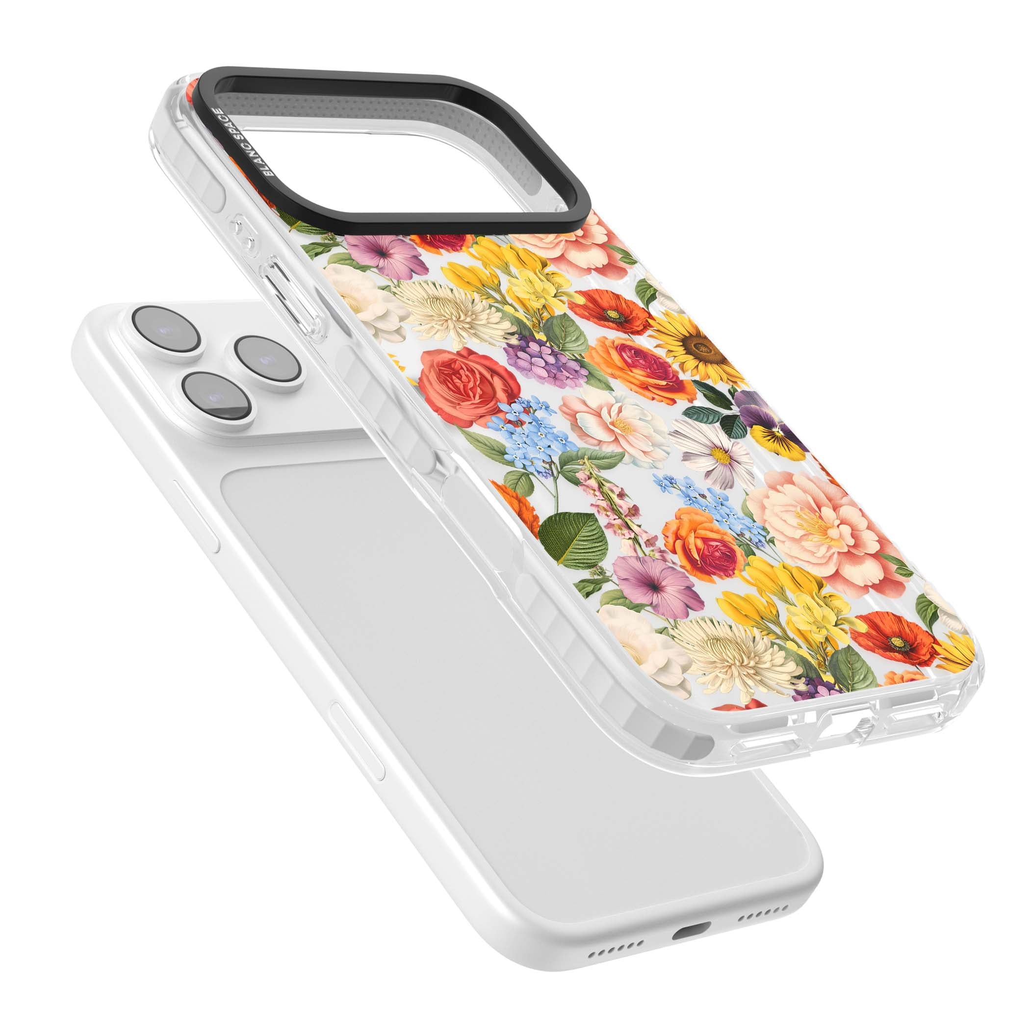 Bloom Basket floral iPhone case featuring cottage garden flowers including peonies, sunflowers, and wildflowers in pastel col | Black Impact case for iPhone 17 Pro, iPhone 17 Pro Max