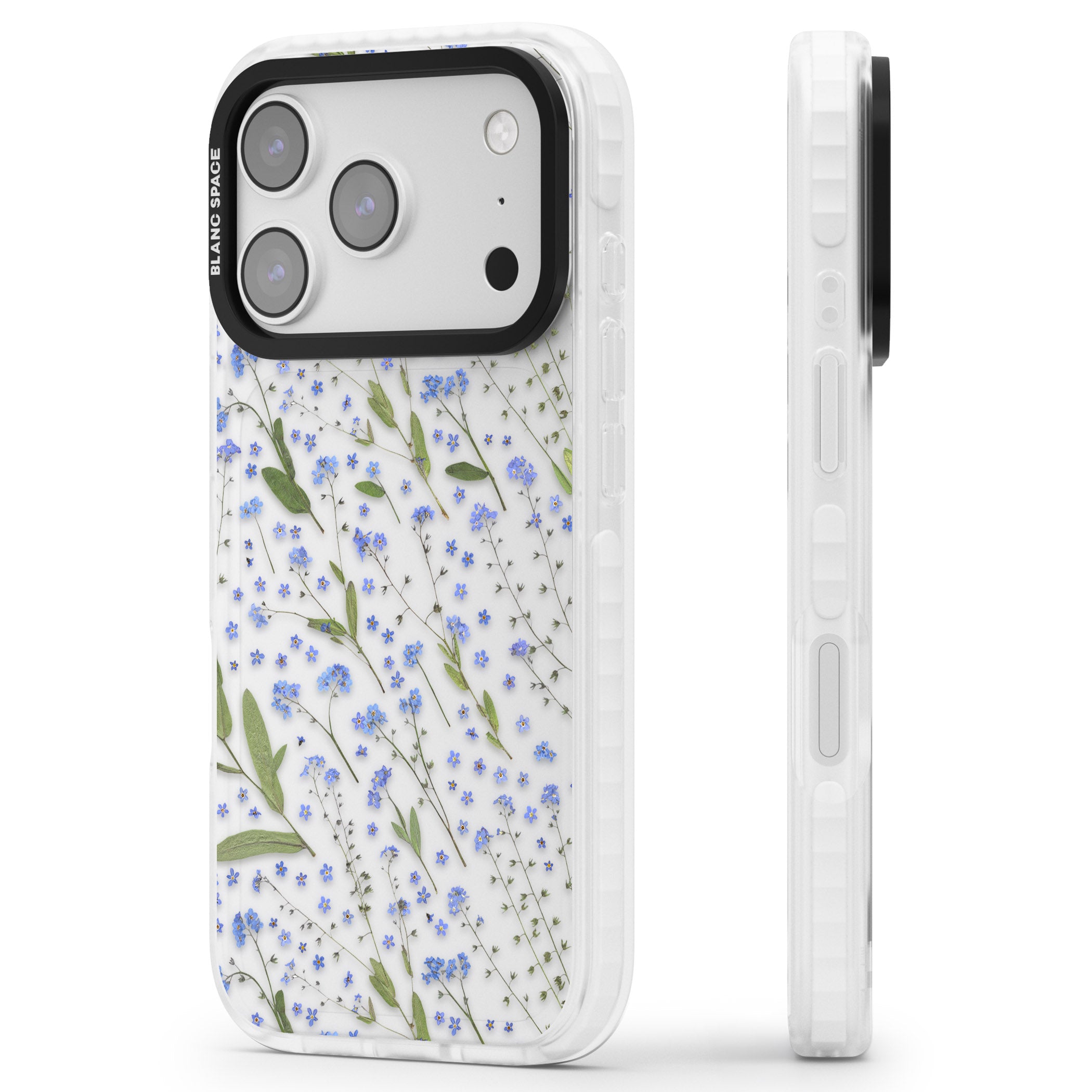 Blue Meadow Floral iPhone 17 Pro Max Impact Clear Phone Case Side Profile