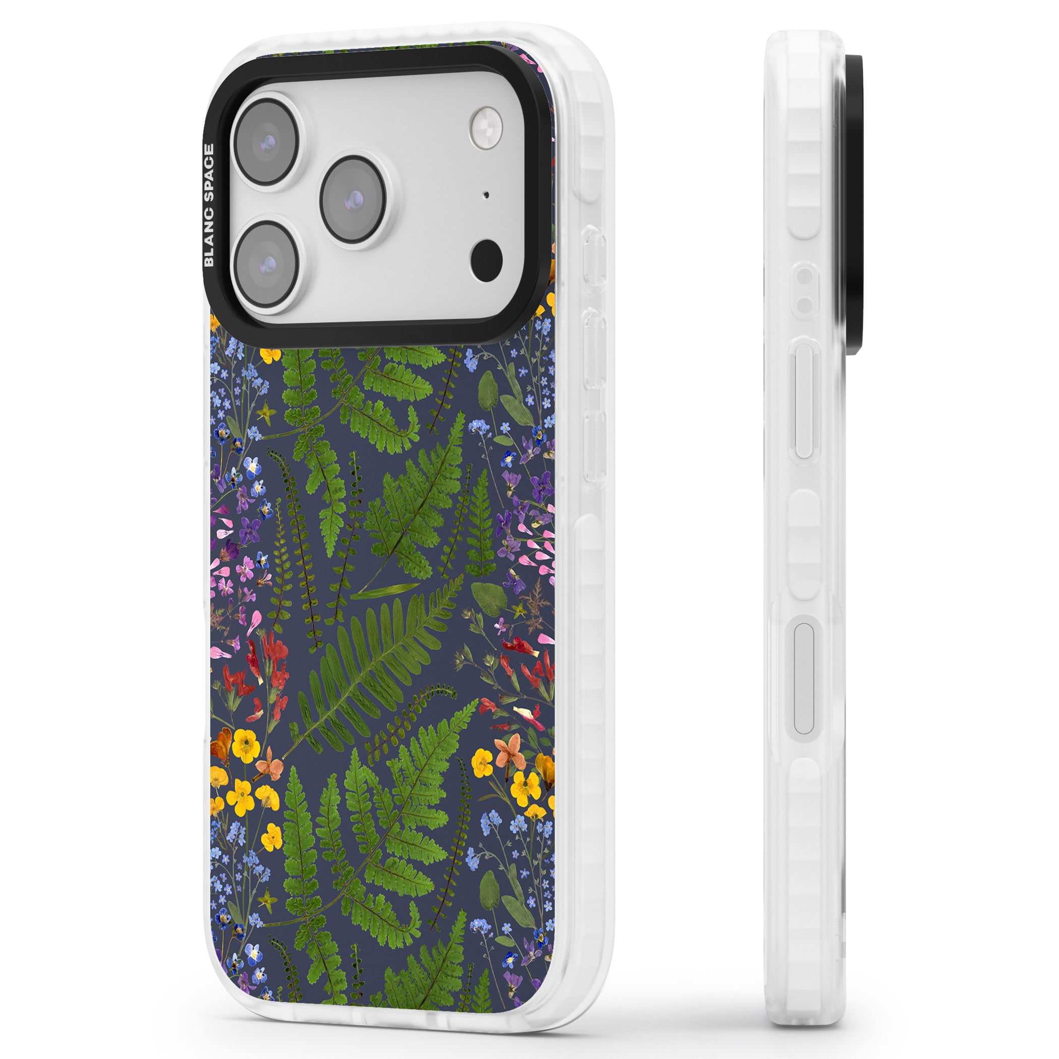 Busy Floral And Fern Design Navy iPhone 17 Pro Max Impact Clear Phone Case Side Profile
