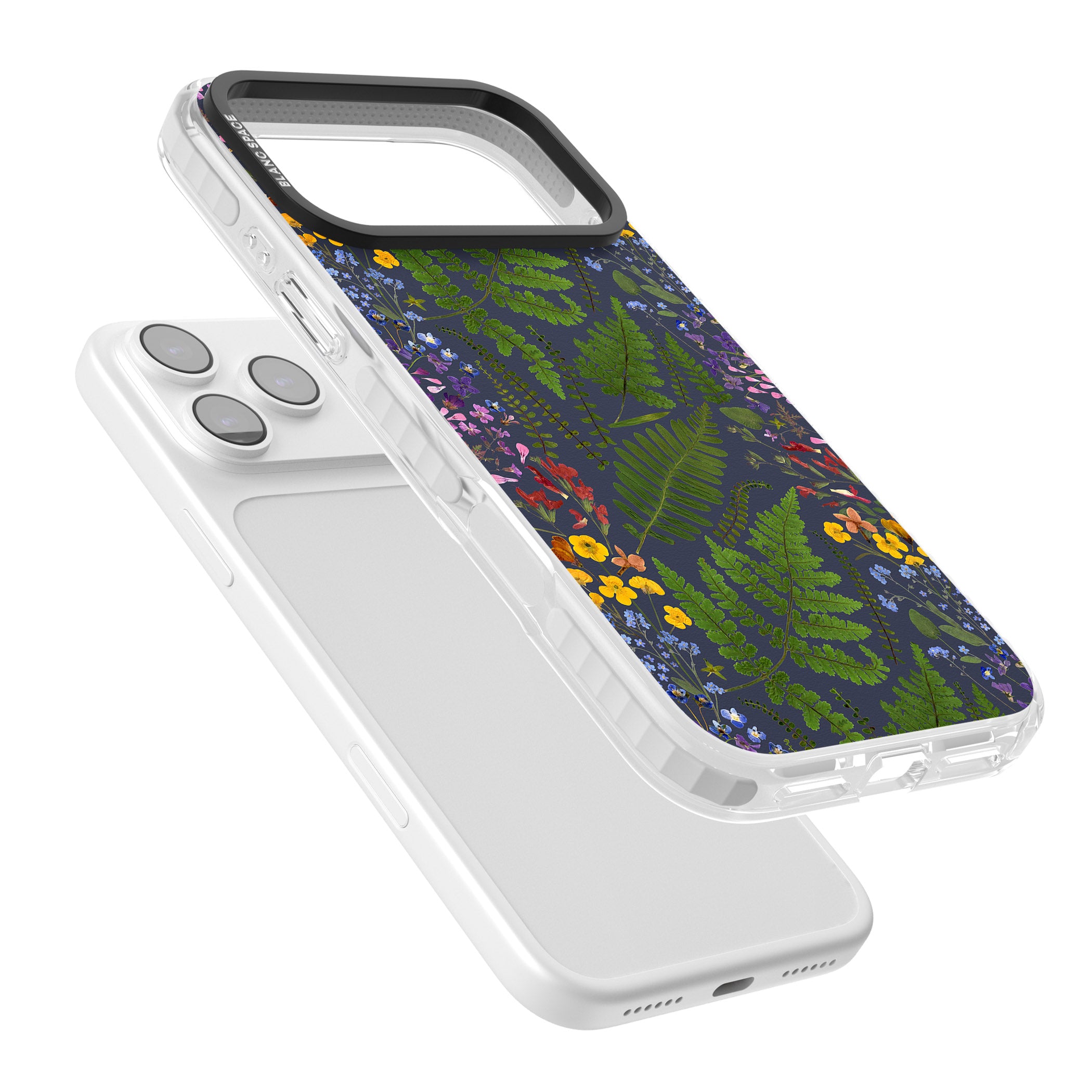 Busy Floral And Fern Design Navy iPhone 17 Pro Max Impact Clear Phone Case Colours