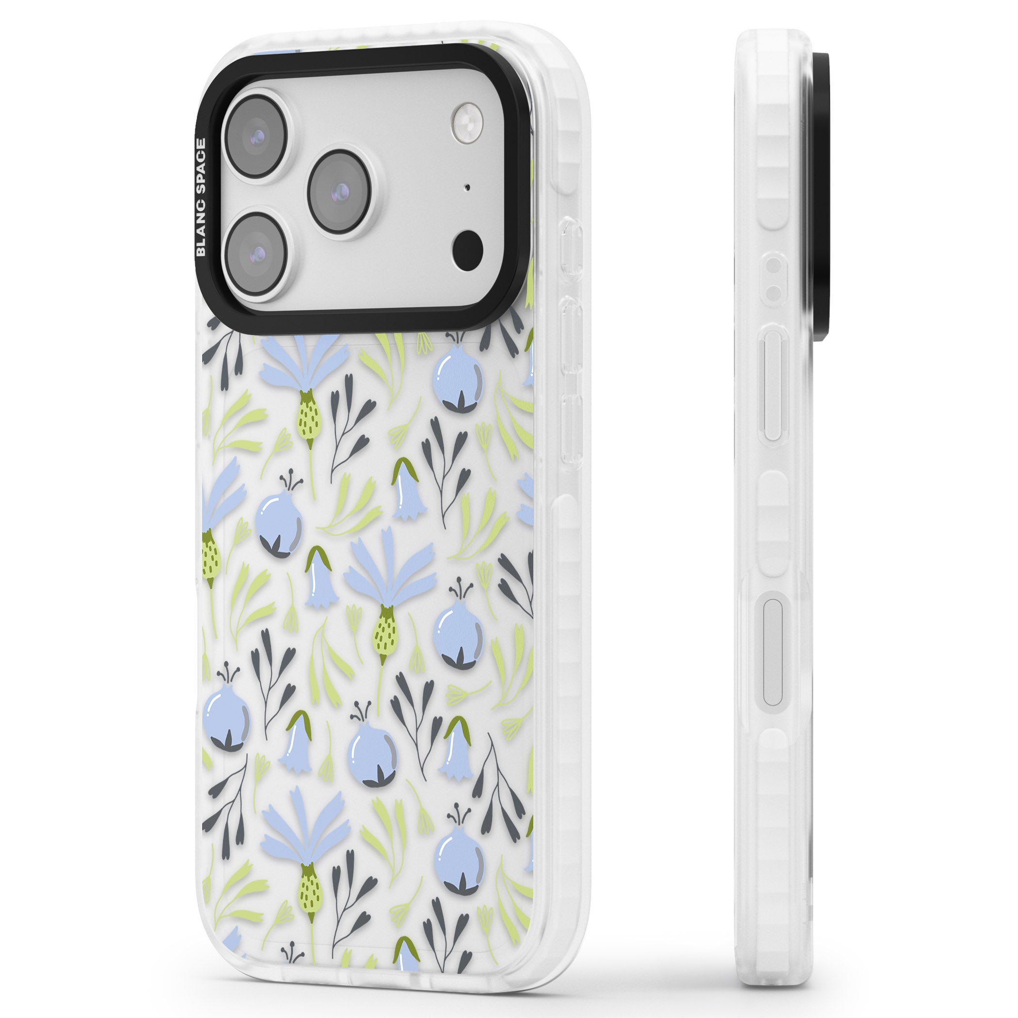 Blue Flora Bloom iPhone 17 Pro Max Impact Clear Phone Case Side Profile