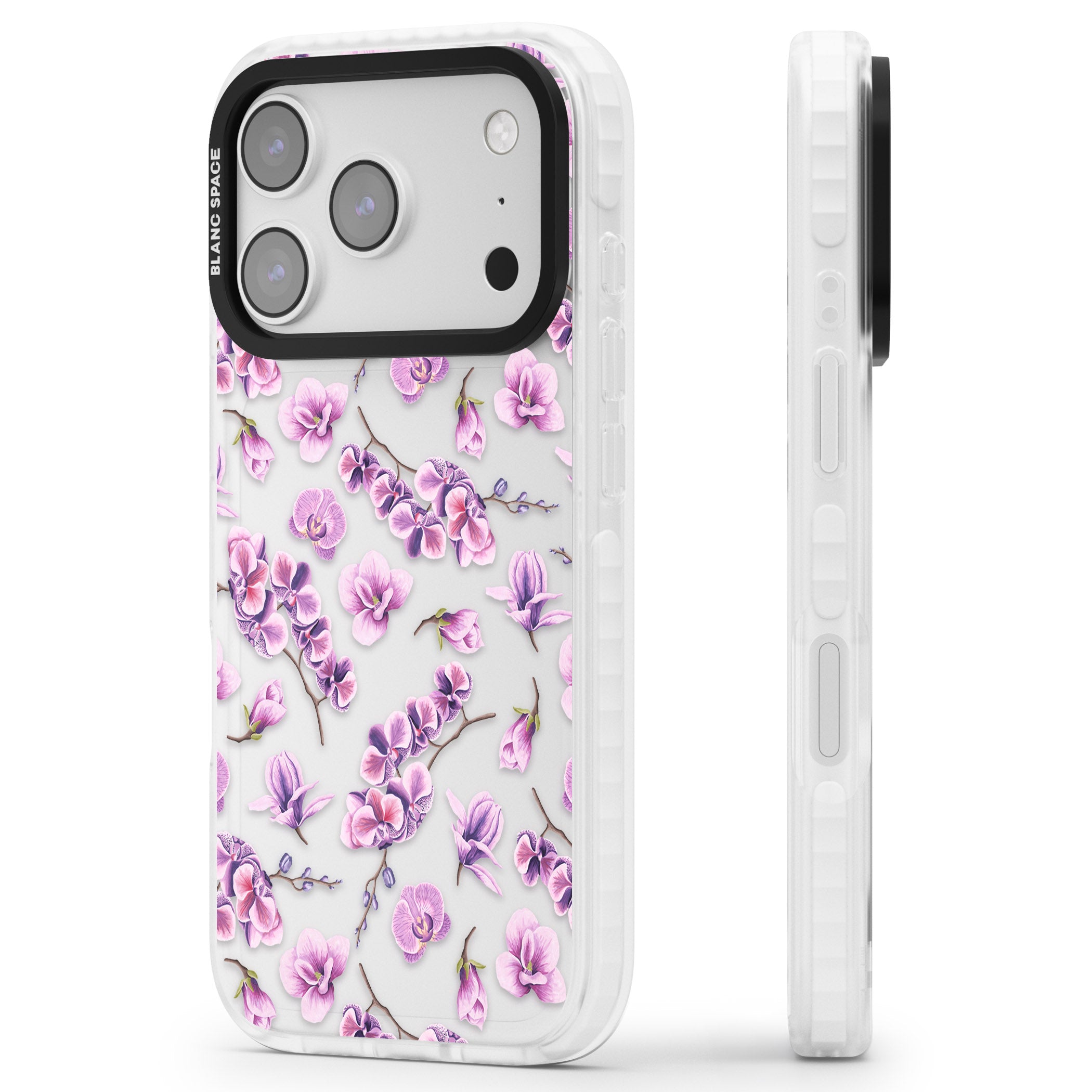 Purple Orchids Floral iPhone 17 Pro Max Impact Clear Phone Case Side Profile