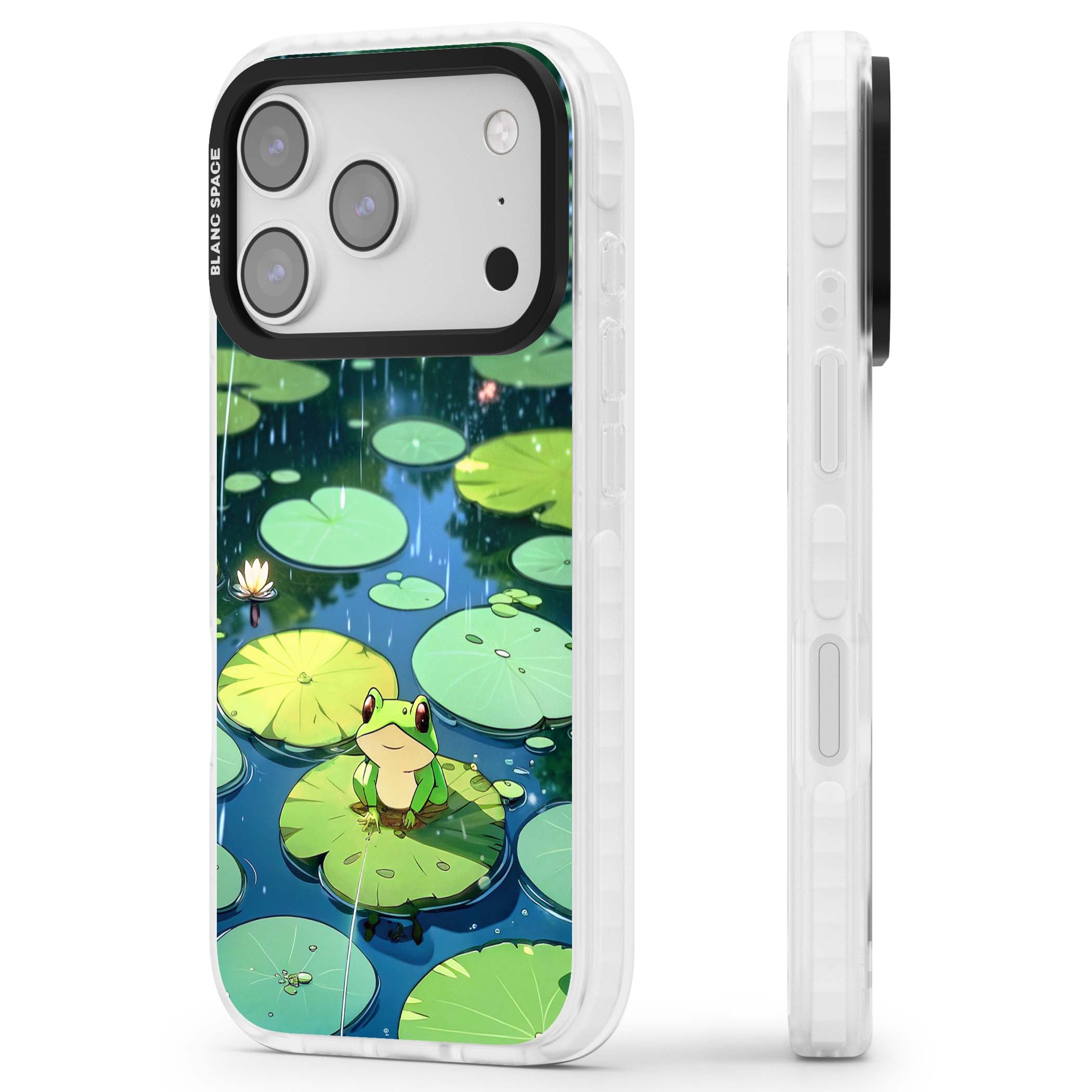 Frog In Lily Pond cottagecore iPhone case featuring a cute green frog on a lily pad with falling rain and a lotus flower | Black Impact case for iPhone 17 Pro, iPhone 17 Pro Max