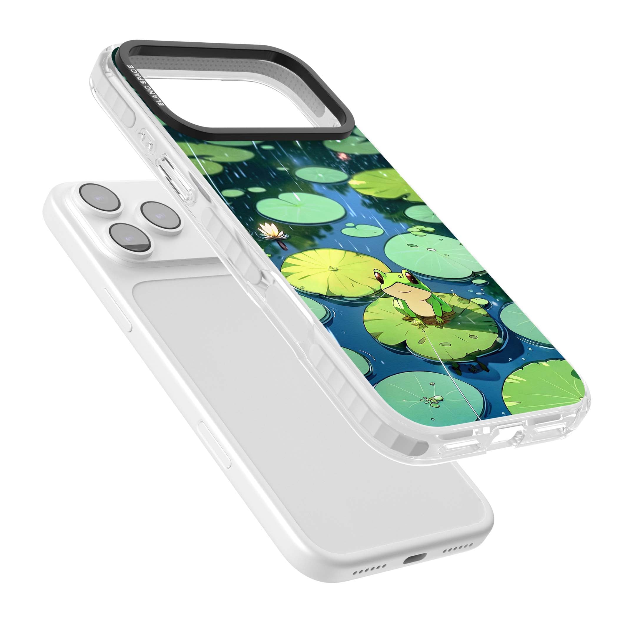 Frog In Lily Pond cottagecore iPhone case featuring a cute green frog on a lily pad with falling rain and a lotus flower | Black Impact case for iPhone 17 Pro, iPhone 17 Pro Max