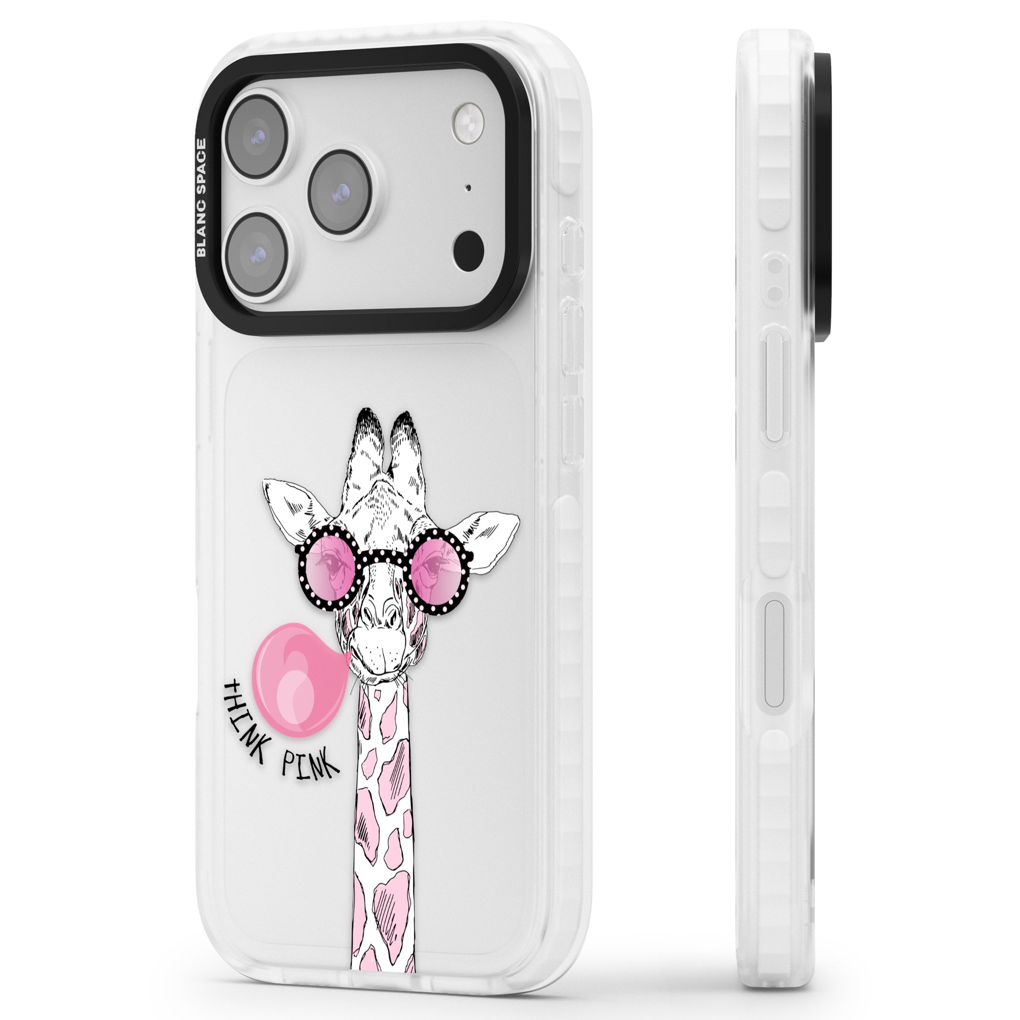 Think Pink Giraffe iPhone 17 Pro Max Impact Clear Phone Case Side Profile