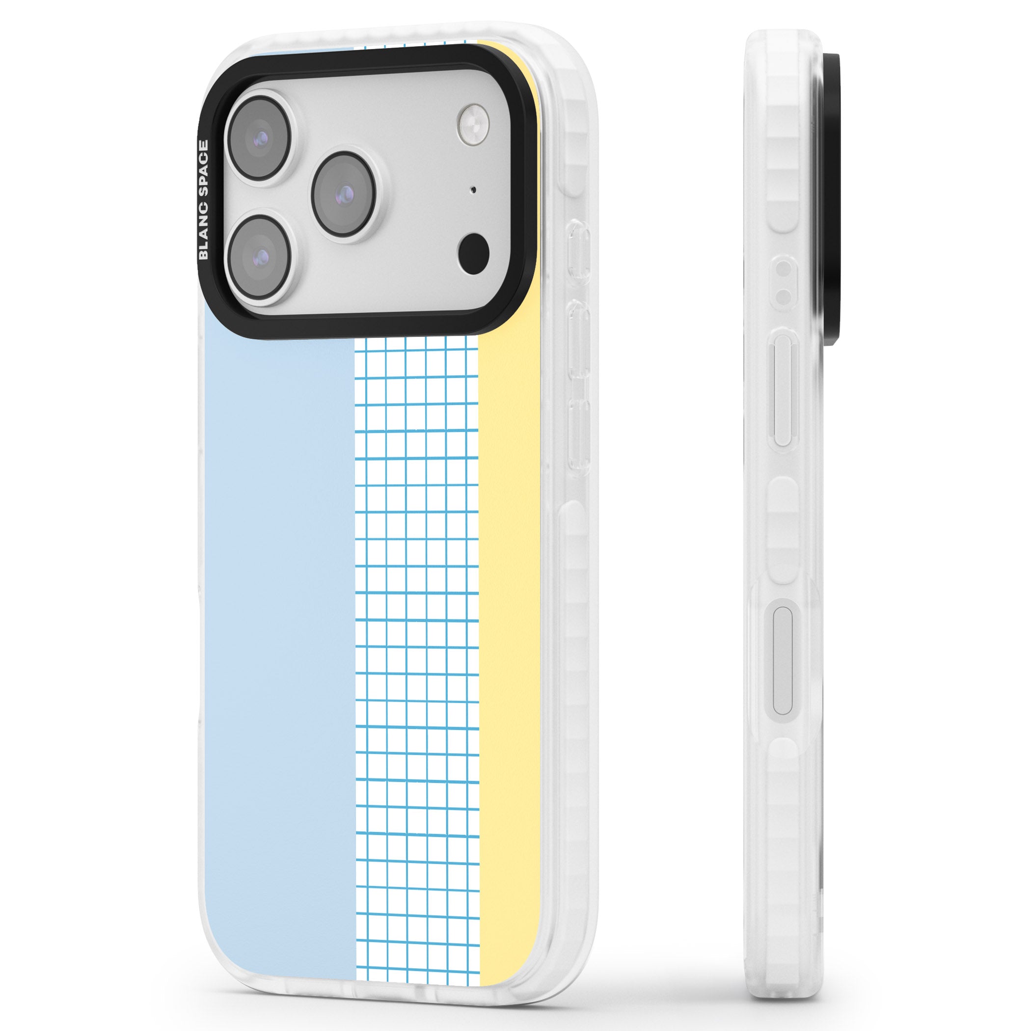 Abstract Grid Blue & Yellow iPhone 17 Pro Max Impact Clear Phone Case Side Profile