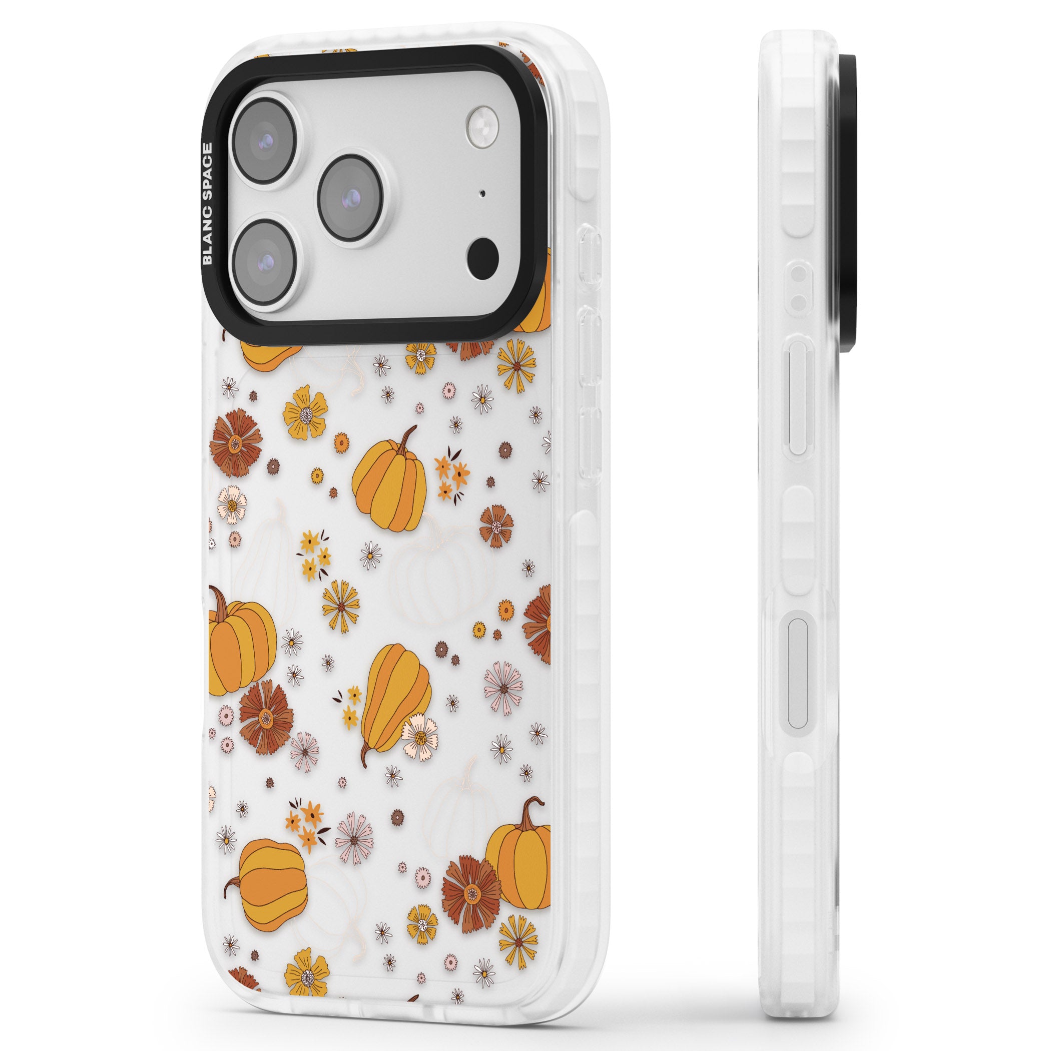 Halloween Pumpkins And Flowers iPhone 17 Pro Max Impact Clear Phone Case Side Profile