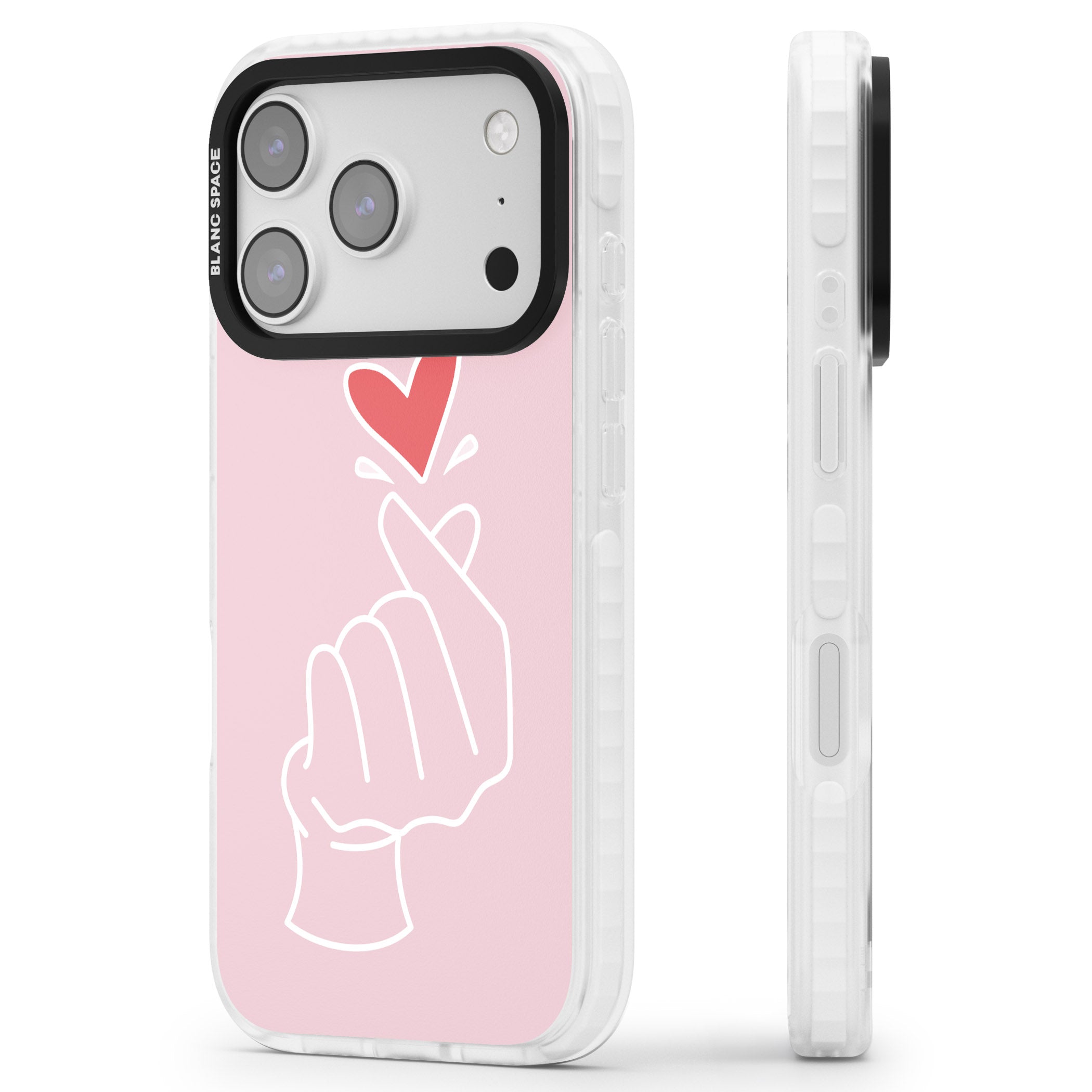 Pink Heart Hand iPhone 17 Pro Max Impact Clear Phone Case Side Profile