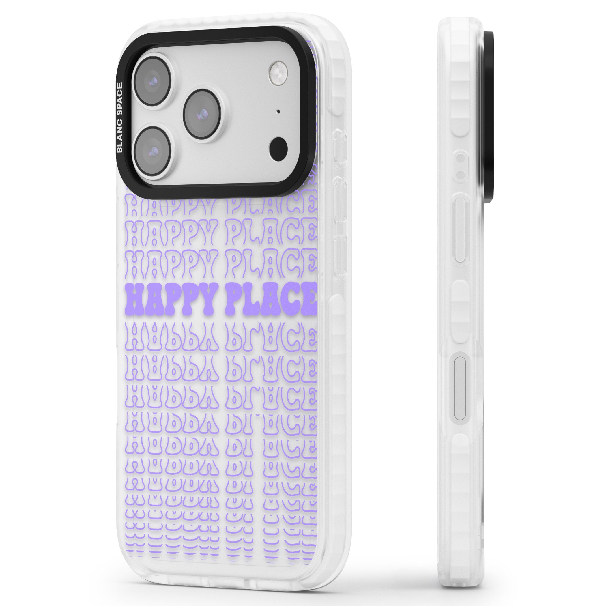Happy Place (Purple) iPhone 17 Pro Max Impact Clear Phone Case Side Profile