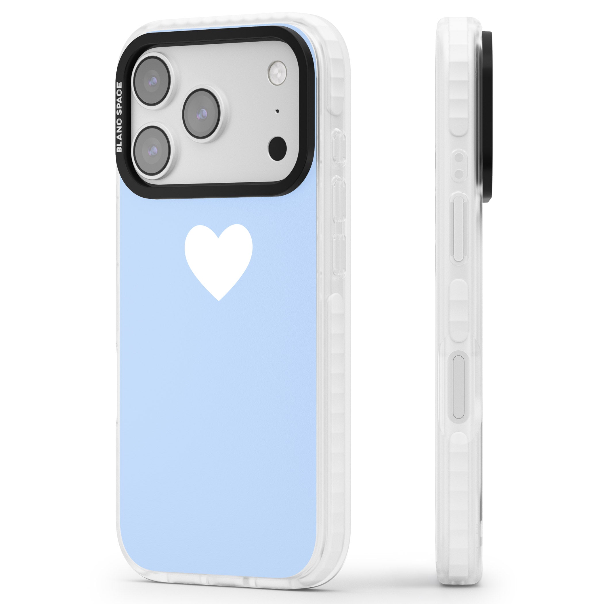 Single Heart Design: White & Baby Blue iPhone 17 Pro Max Impact Clear Phone Case Side Profile
