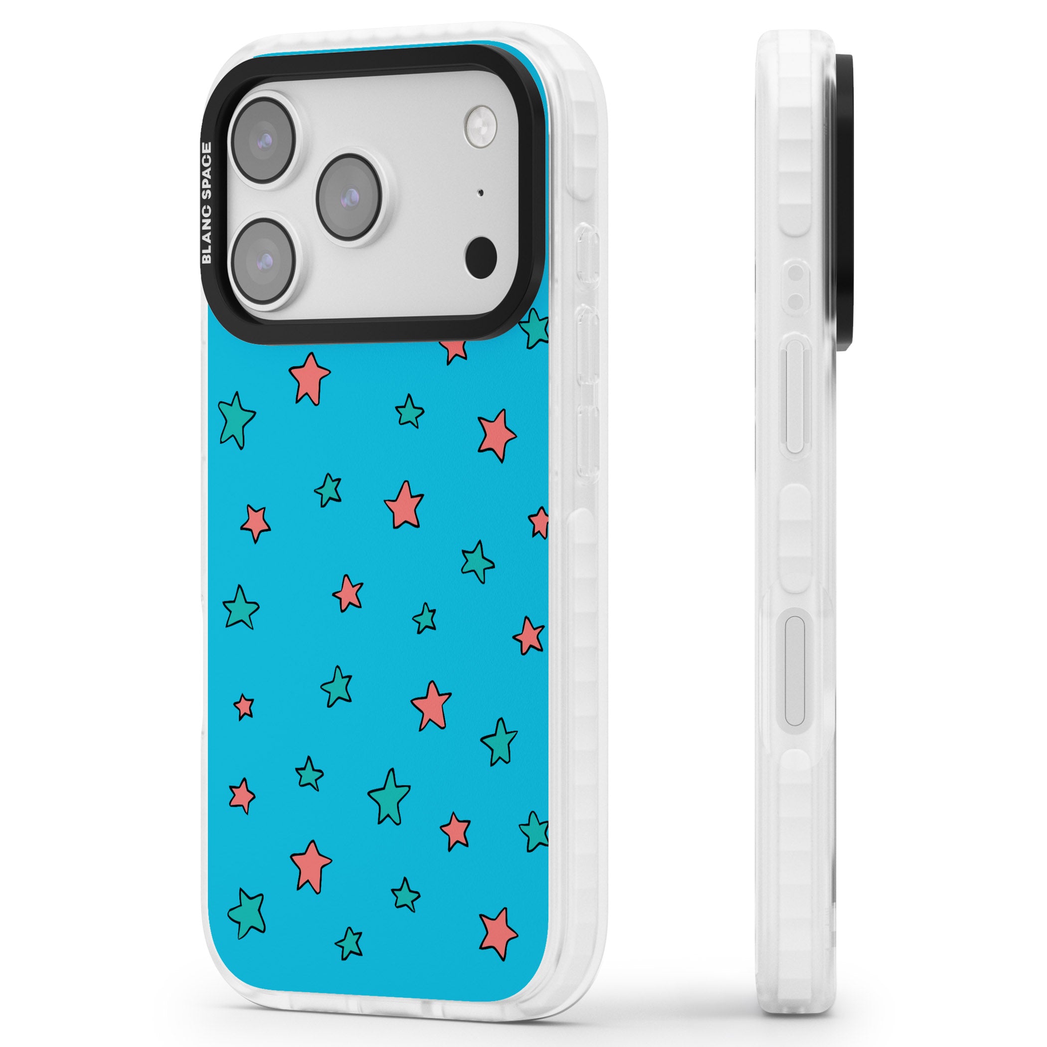 Blue Heartstopper Stars Pattern iPhone 17 Pro Impact Clear Phone Case Side Profile