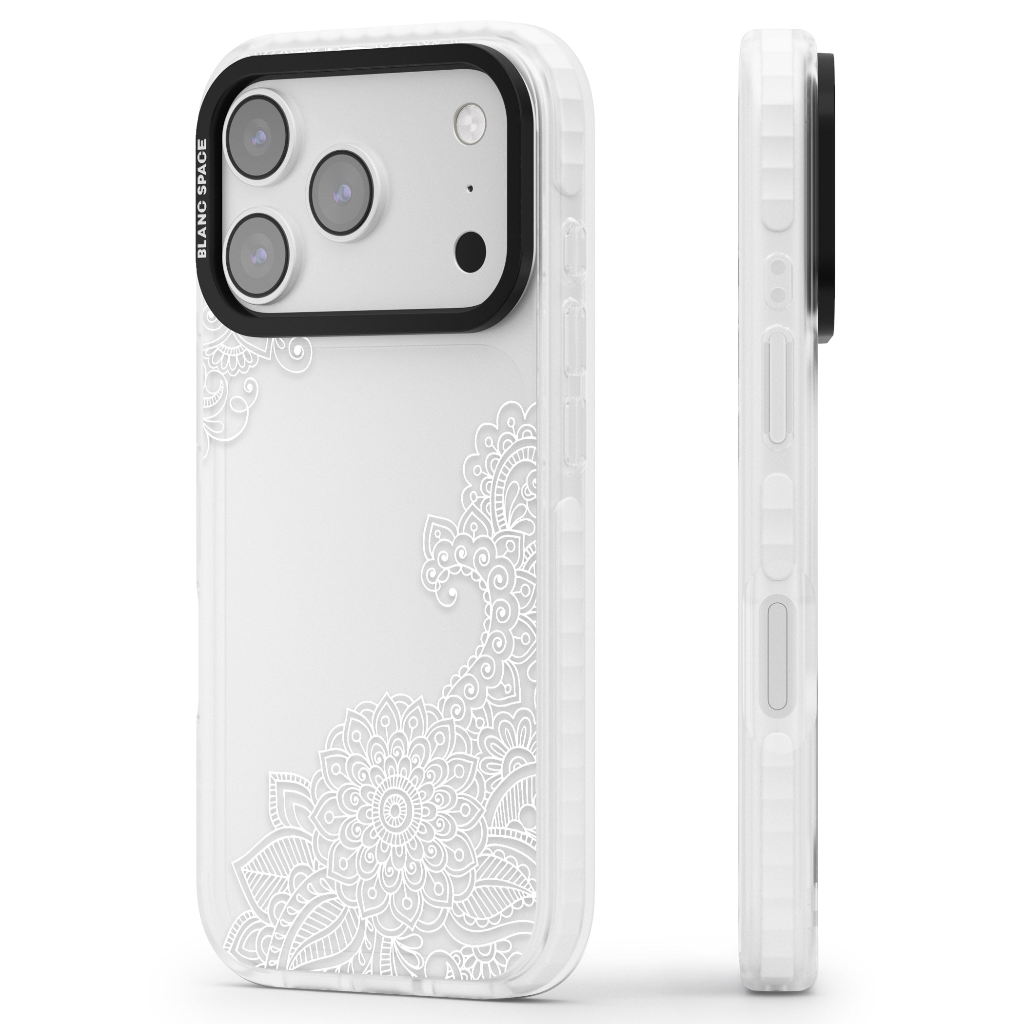 White Henna Botanicals iPhone 17 Pro Max Impact Clear Phone Case Side Profile