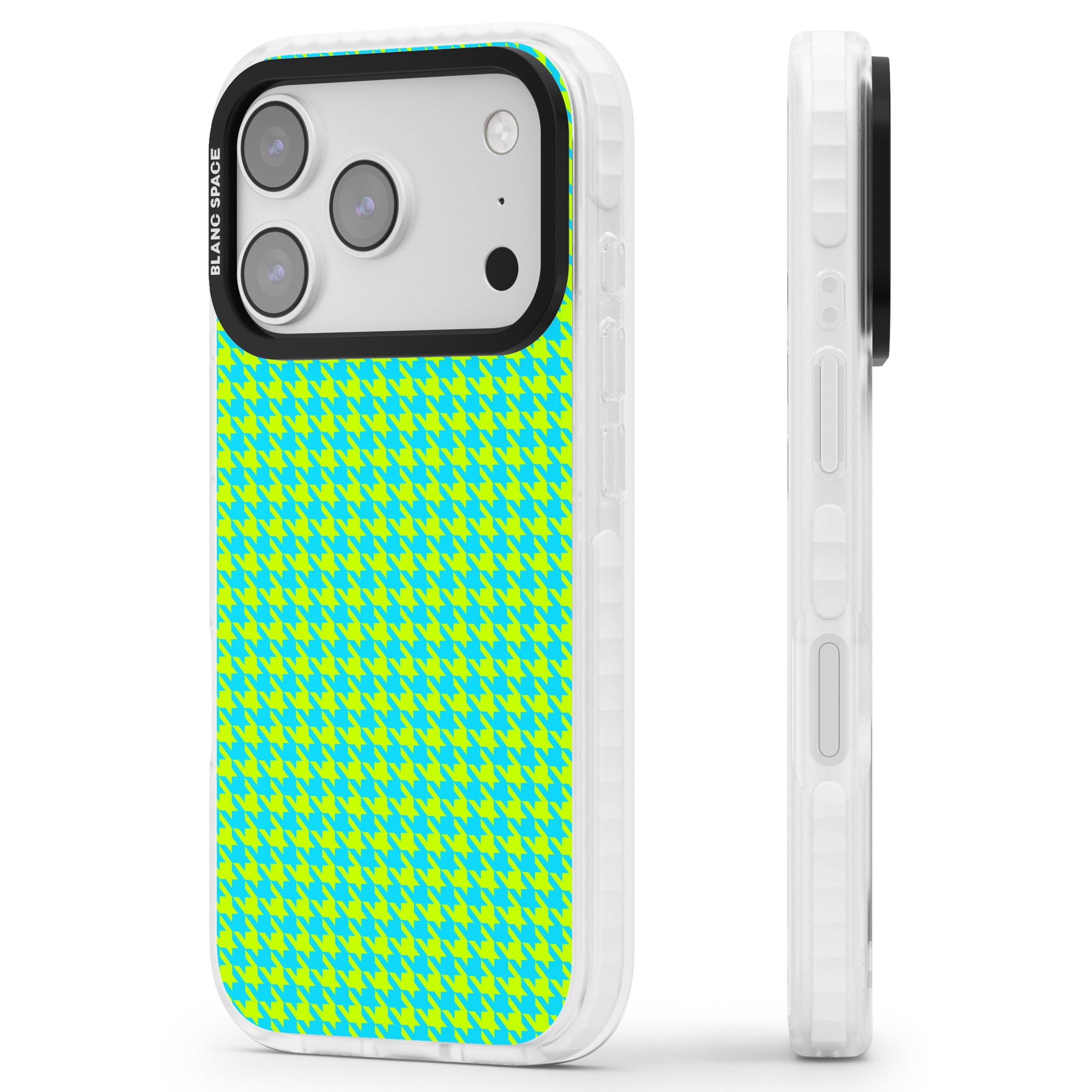 Neon Lime & Turquoise Houndstooth iPhone 17 Pro Impact Clear Phone Case Side Profile