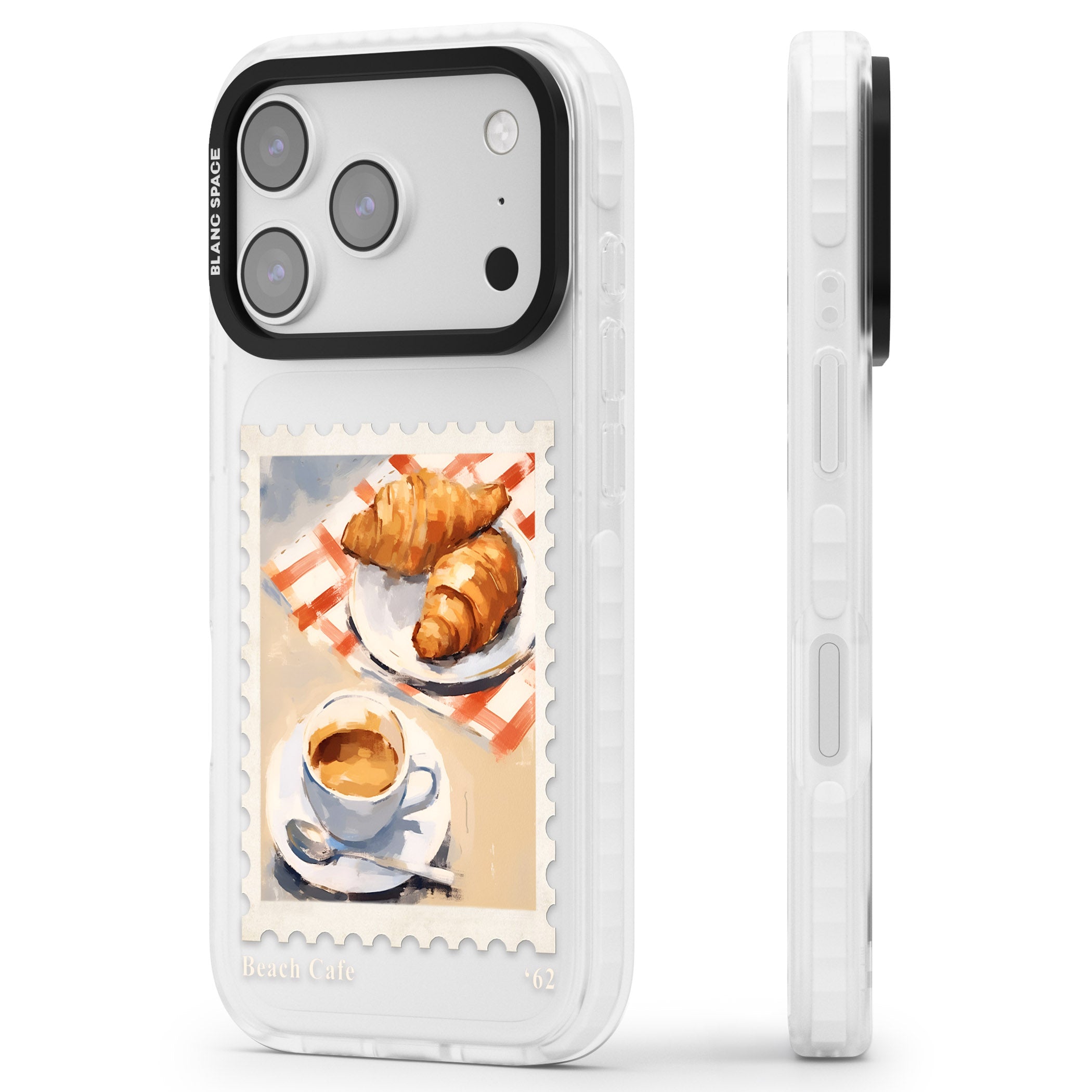 Cafe Stamp iPhone 17 Pro Max Impact Clear Phone Case Side Profile