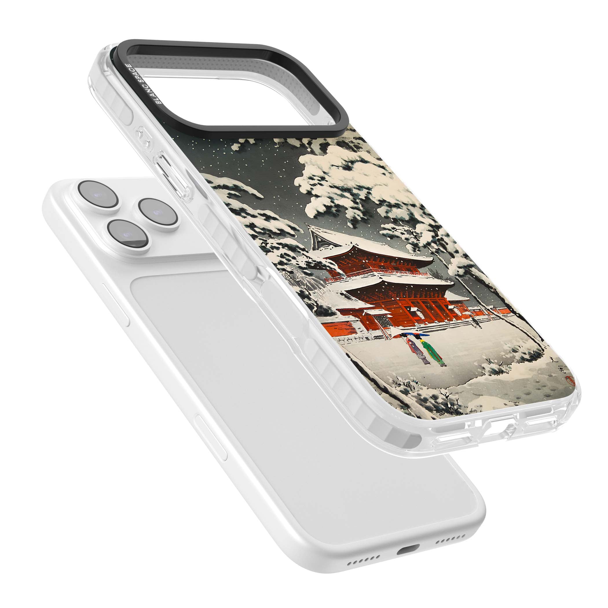 Snow at Shiha Park, Tokyo Japanese art iPhone case featuring a vintage ukiyo-e snowy temple, red pagoda, and snow-covered pin | Black Impact case for iPhone 17 Pro, iPhone 17 Pro Max