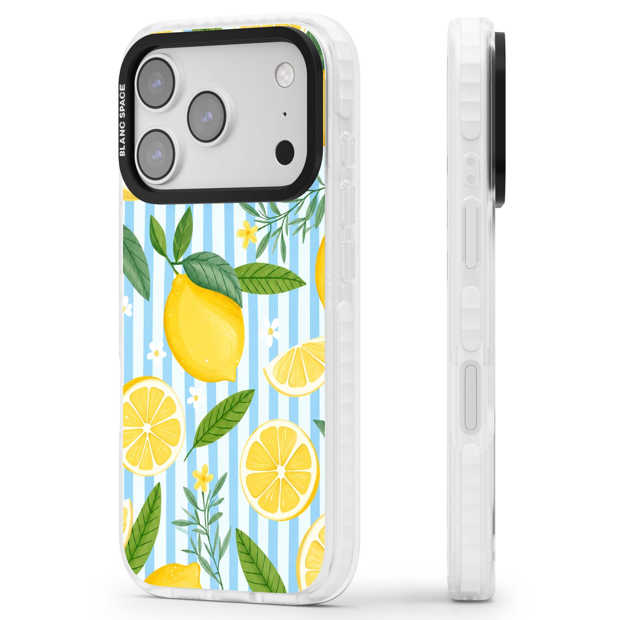 Capri Citrus Stripe coastal iPhone case featuring yellow lemons, blue stripes, and white daisy blossoms | Black Impact case for iPhone 17 Pro, iPhone 17 Pro Max