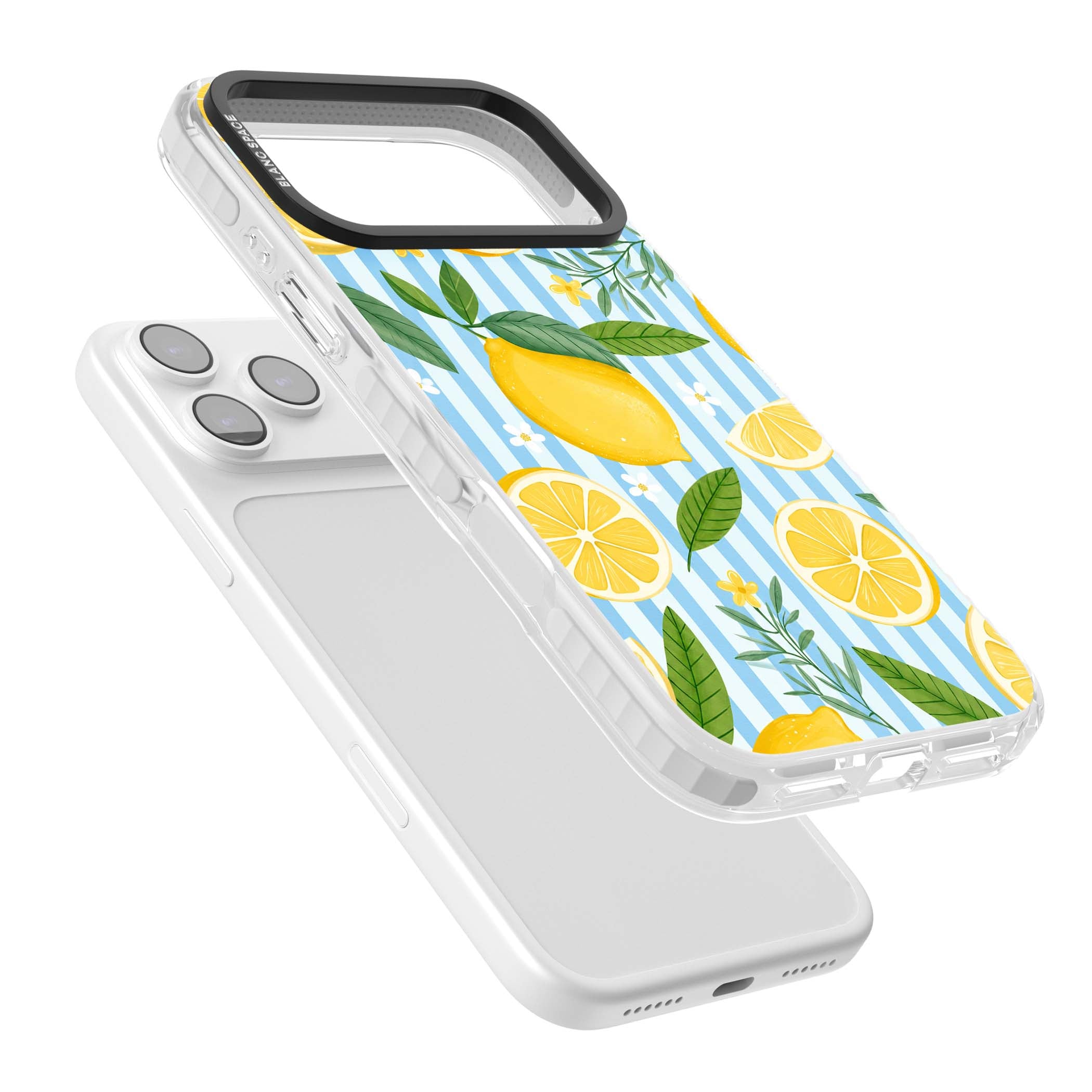 Capri Citrus Stripe coastal iPhone case featuring yellow lemons, blue stripes, and white daisy blossoms | Black Impact case for iPhone 17 Pro, iPhone 17 Pro Max