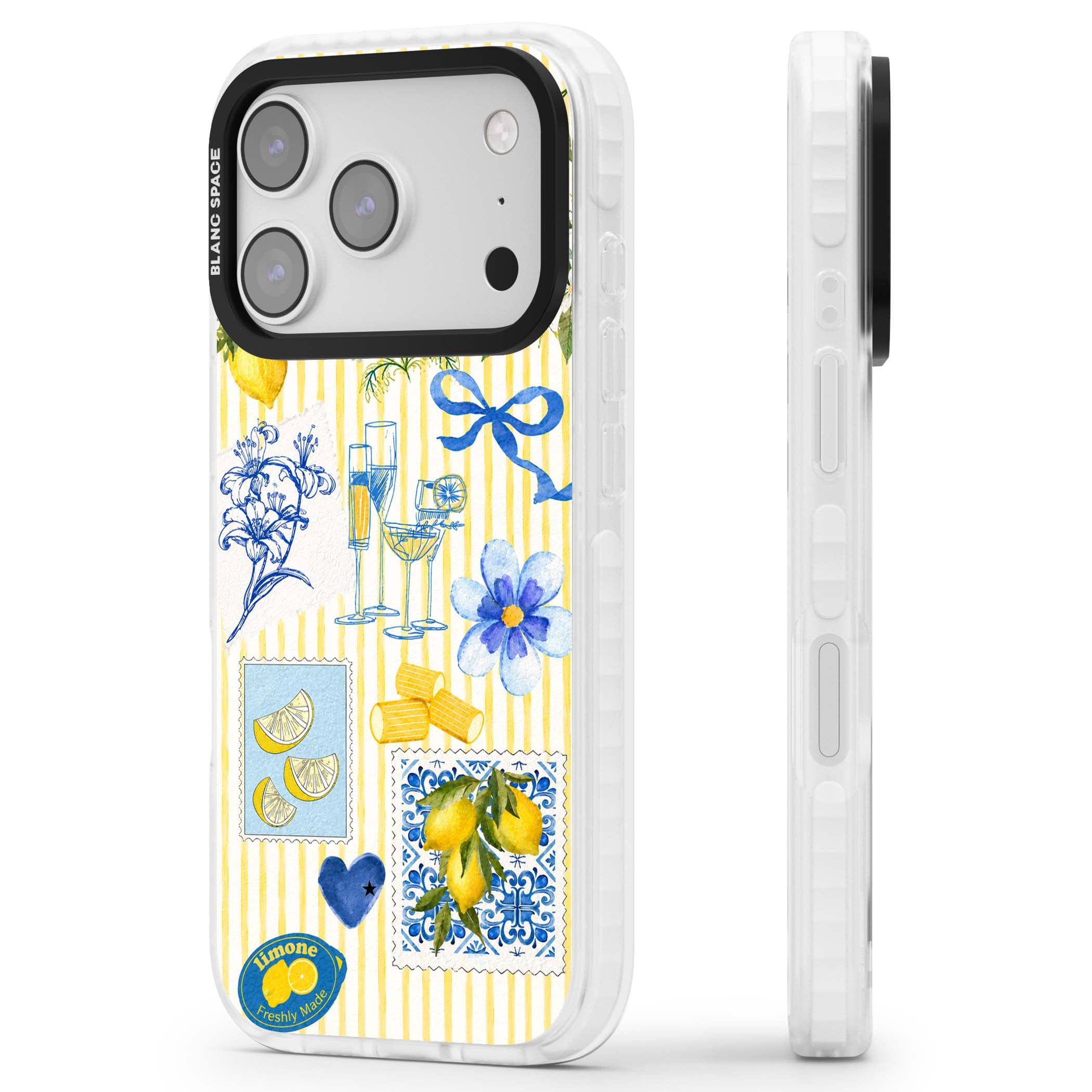 Limone Riviera Italian summer iPhone case featuring watercolour lemons, blue ribbon bows and majolica tile stamps on... | Black Impact case for iPhone 17 Pro, iPhone 17 Pro Max