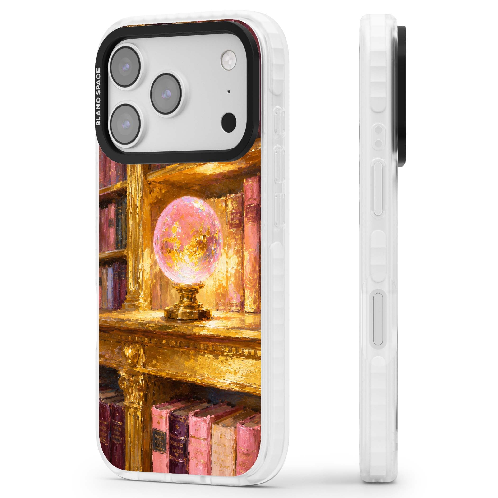 Gilded Library dark academia iPhone case featuring an oil painted crystal ball on a gilded library shelf with vintage | Black Impact case for iPhone 17 Pro, iPhone 17 Pro Max