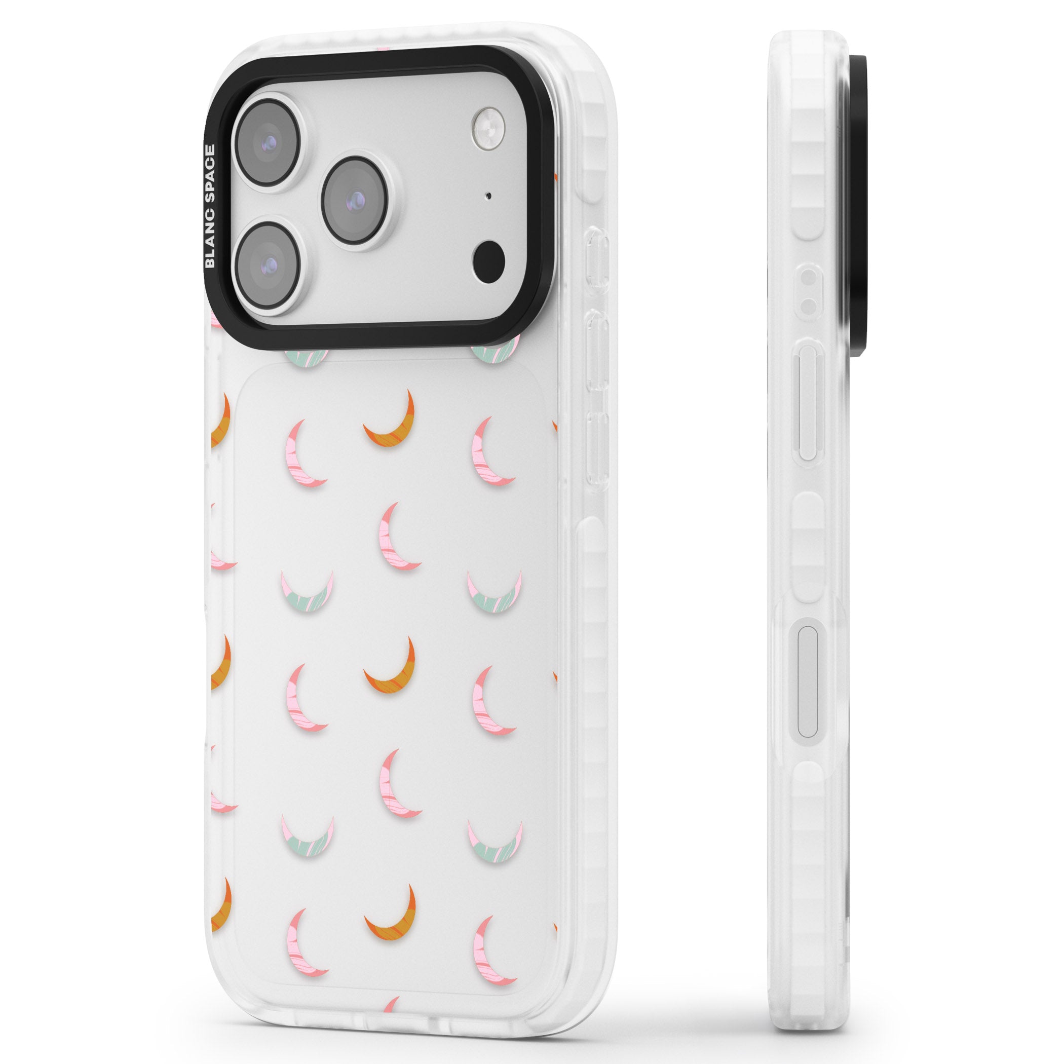 Colourful Crescent Moons iPhone 17 Pro Max Impact Clear Phone Case Side Profile