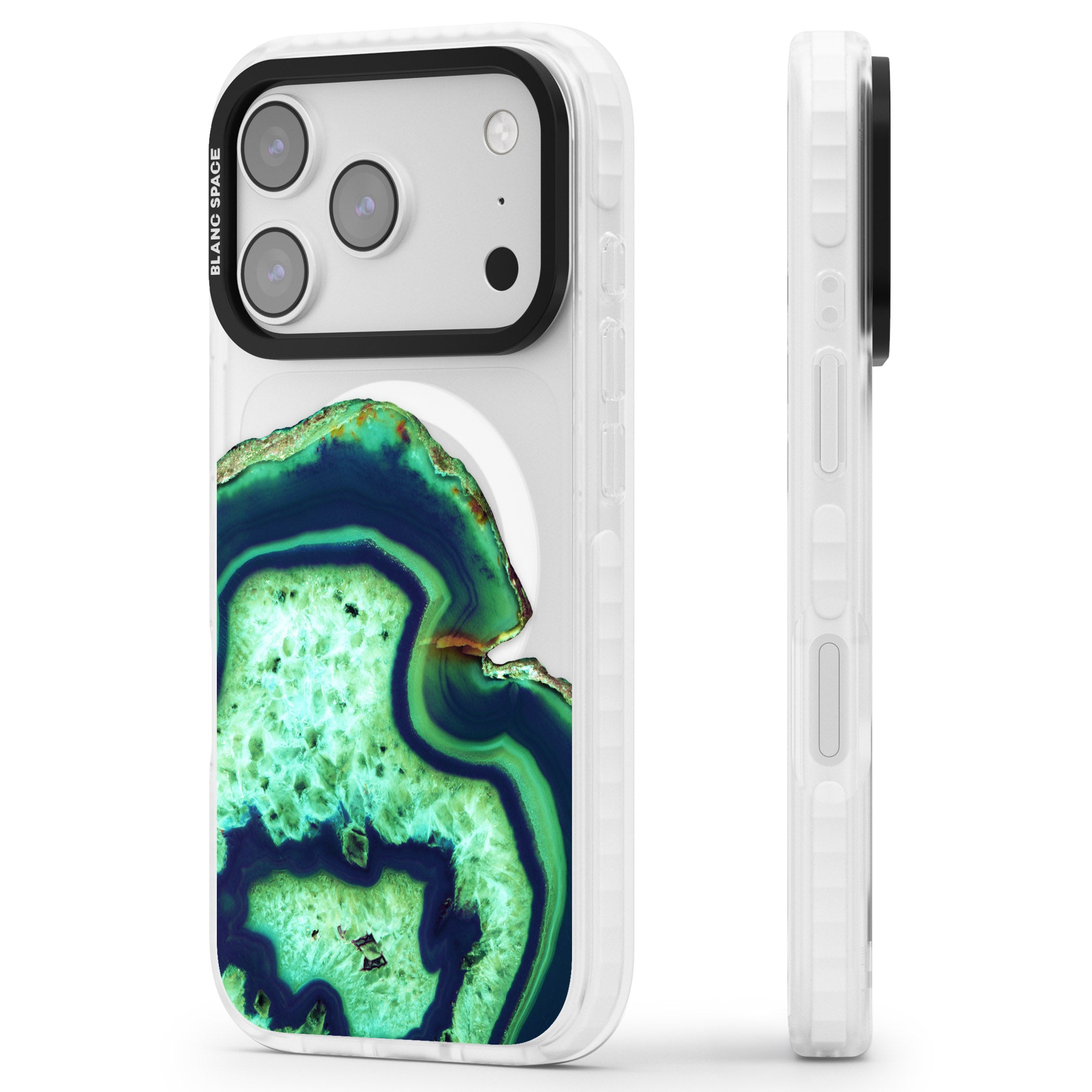 Emerald Agate Slice iPhone 17 Pro Max Impact Pro Clear Phone Case Side Profile