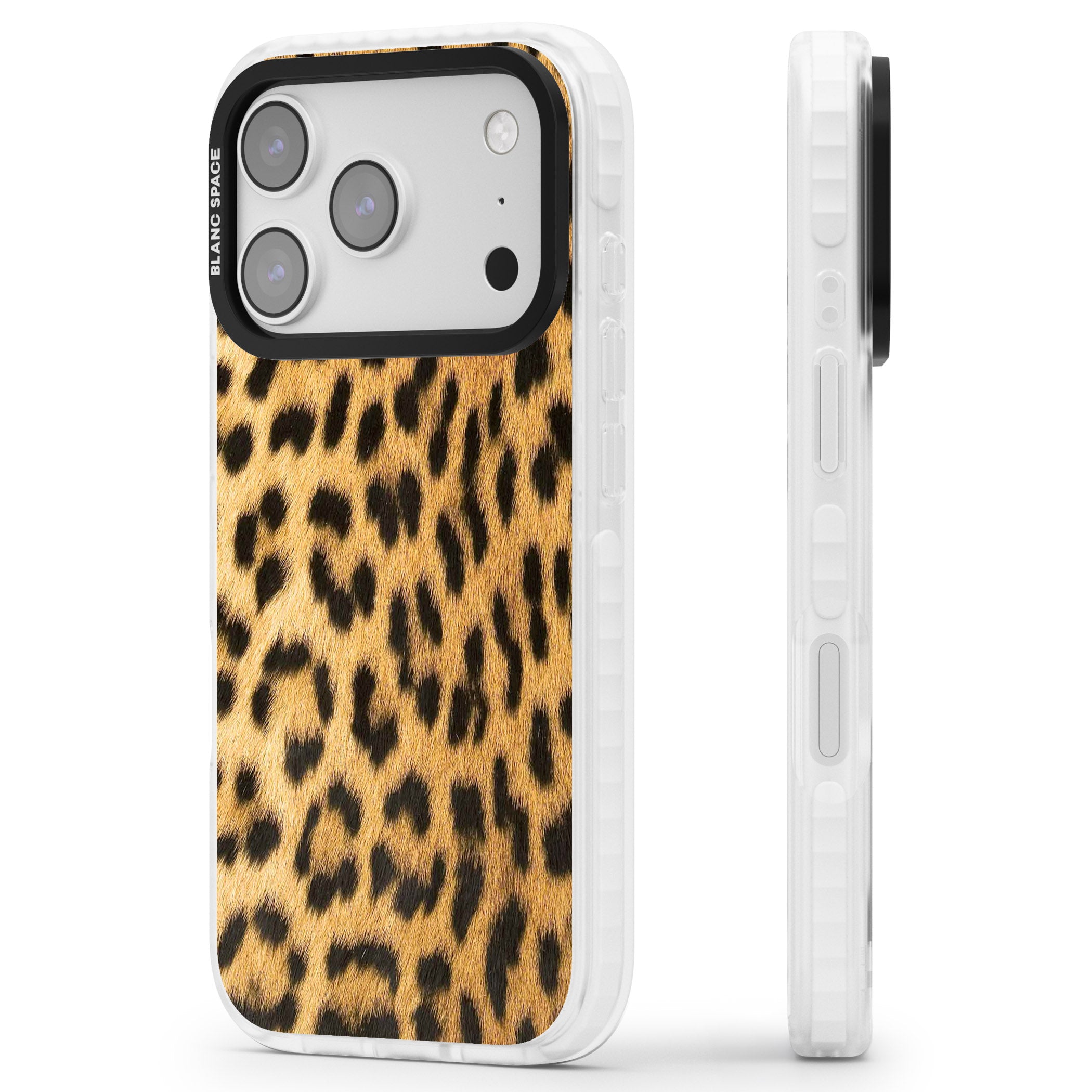 Designer Fashion Gold Leopard Print iPhone 17 Pro Max Impact Pro Clear Phone Case Side Profile