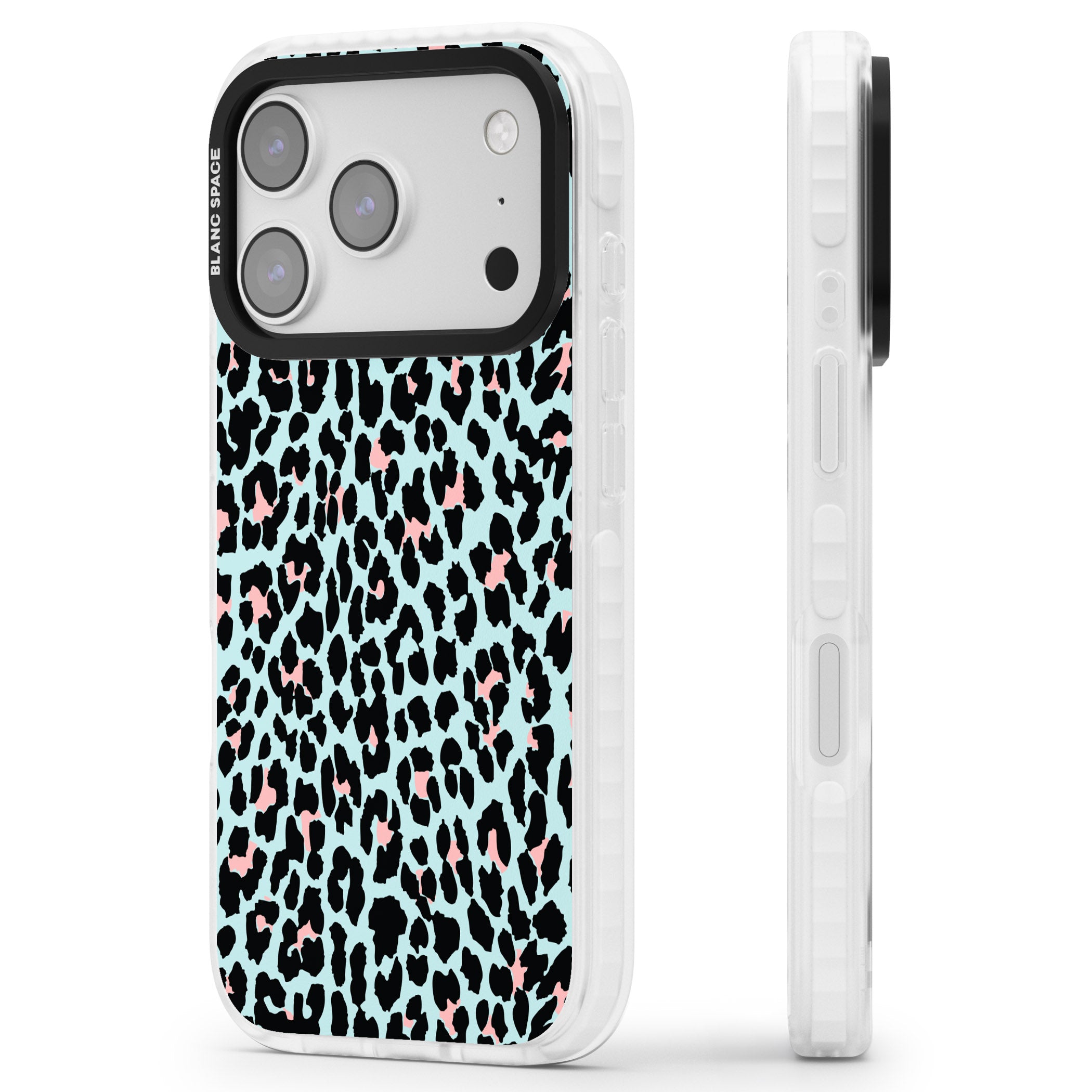 Pastel Blue & Pink Leopard Print iPhone 17 Pro Max Impact Pro Clear Phone Case Side Profile