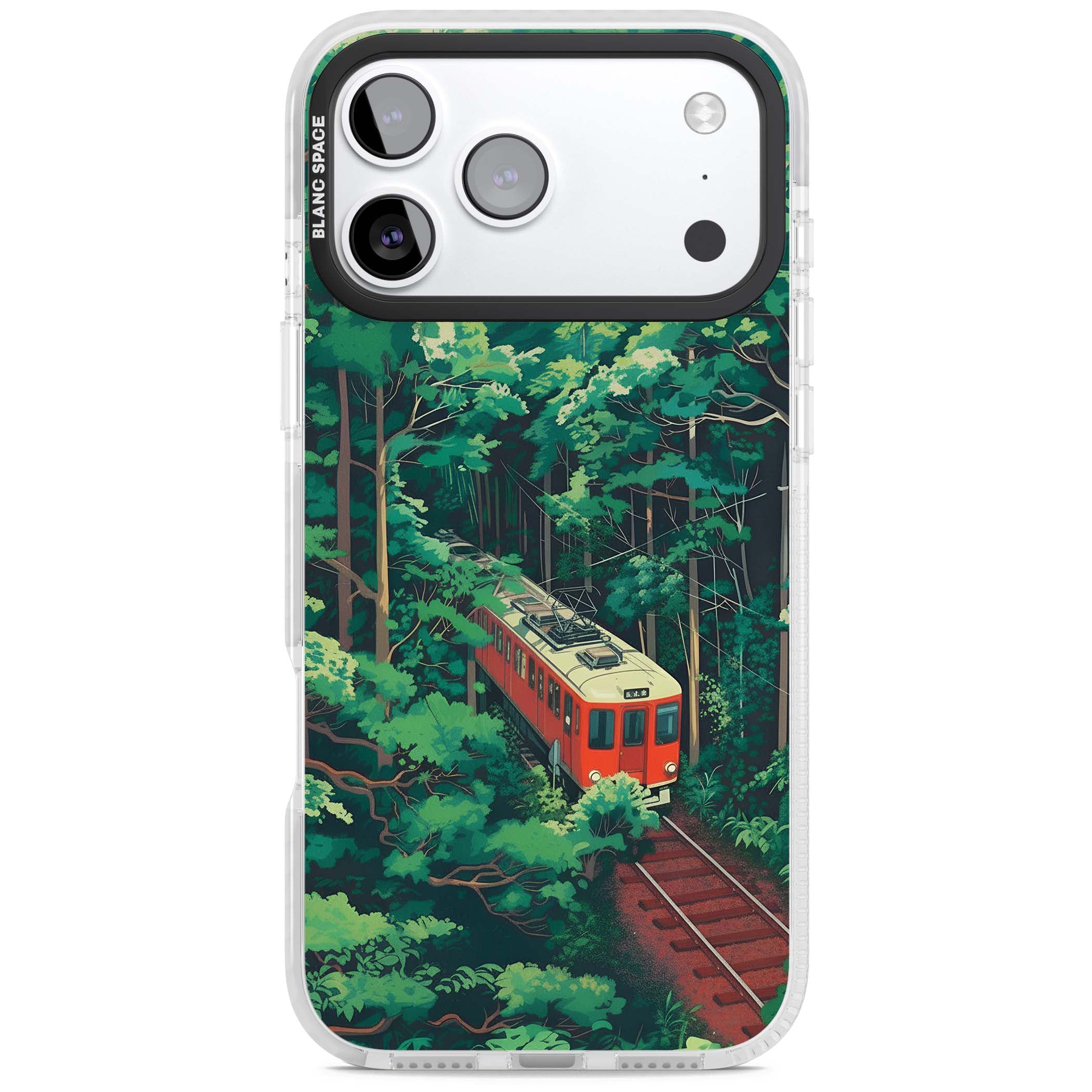 Railway In Toyama Japanese iPhone case featuring a red train, cedar forest and winding mountain railway tracks | Impact Magsafe case for iPhone 17 Pro, iPhone 17 Pro Max