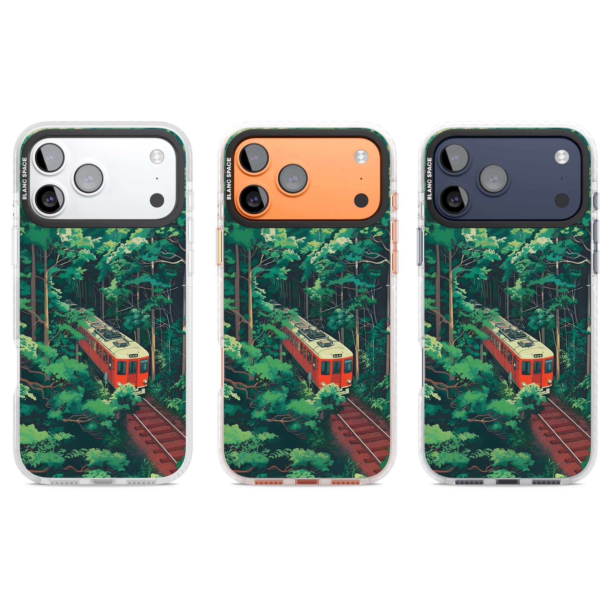Railway In Toyama Japanese iPhone case featuring a red train, cedar forest and winding mountain railway tracks | Impact Magsafe case for iPhone 17 Pro, iPhone 17 Pro Max