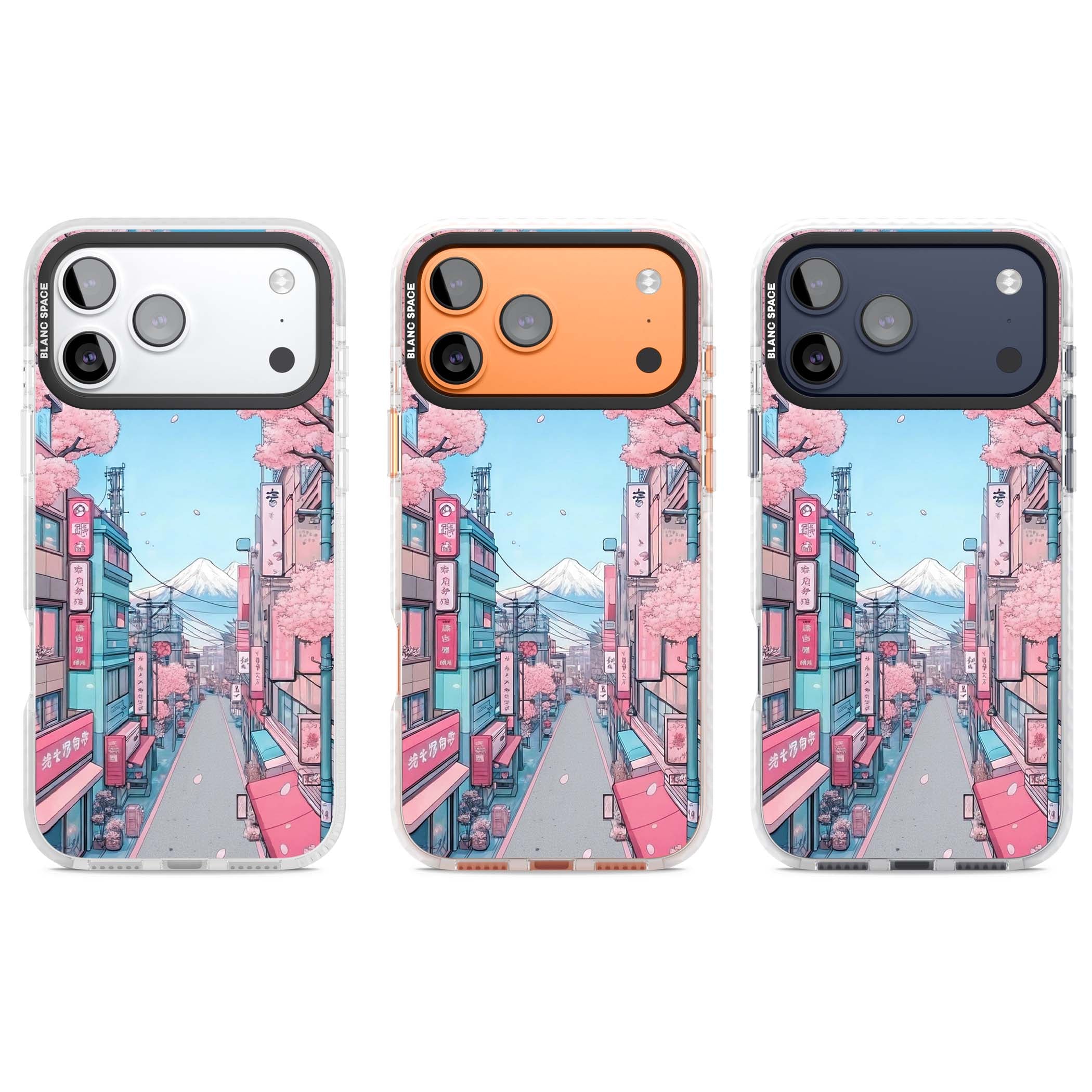 Sakura Lane anime iPhone case featuring Tokyo street scene with cherry blossoms and Mount Fuji | Impact Magsafe case for iPhone 17 Pro, iPhone 17 Pro Max