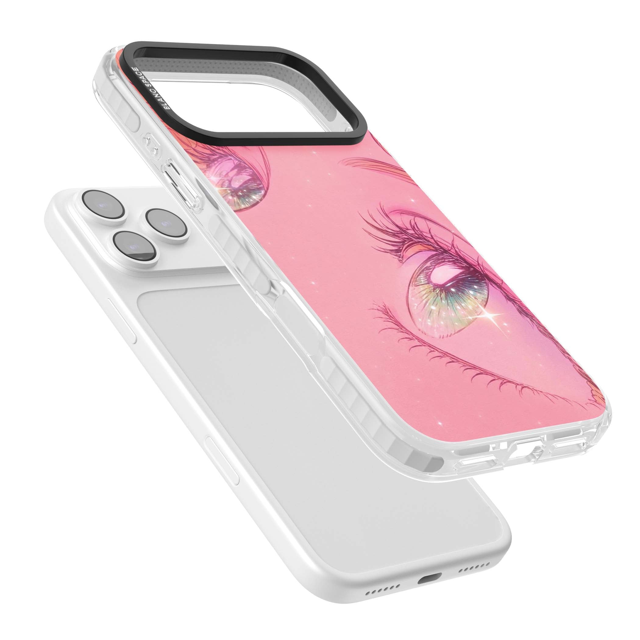 Pink Ethereal Gaze anime iPhone case featuring sparkling manga eyes, coral lashes and dreamy peach sky | Impact Magsafe case for iPhone 17 Pro, iPhone 17 Pro Max
