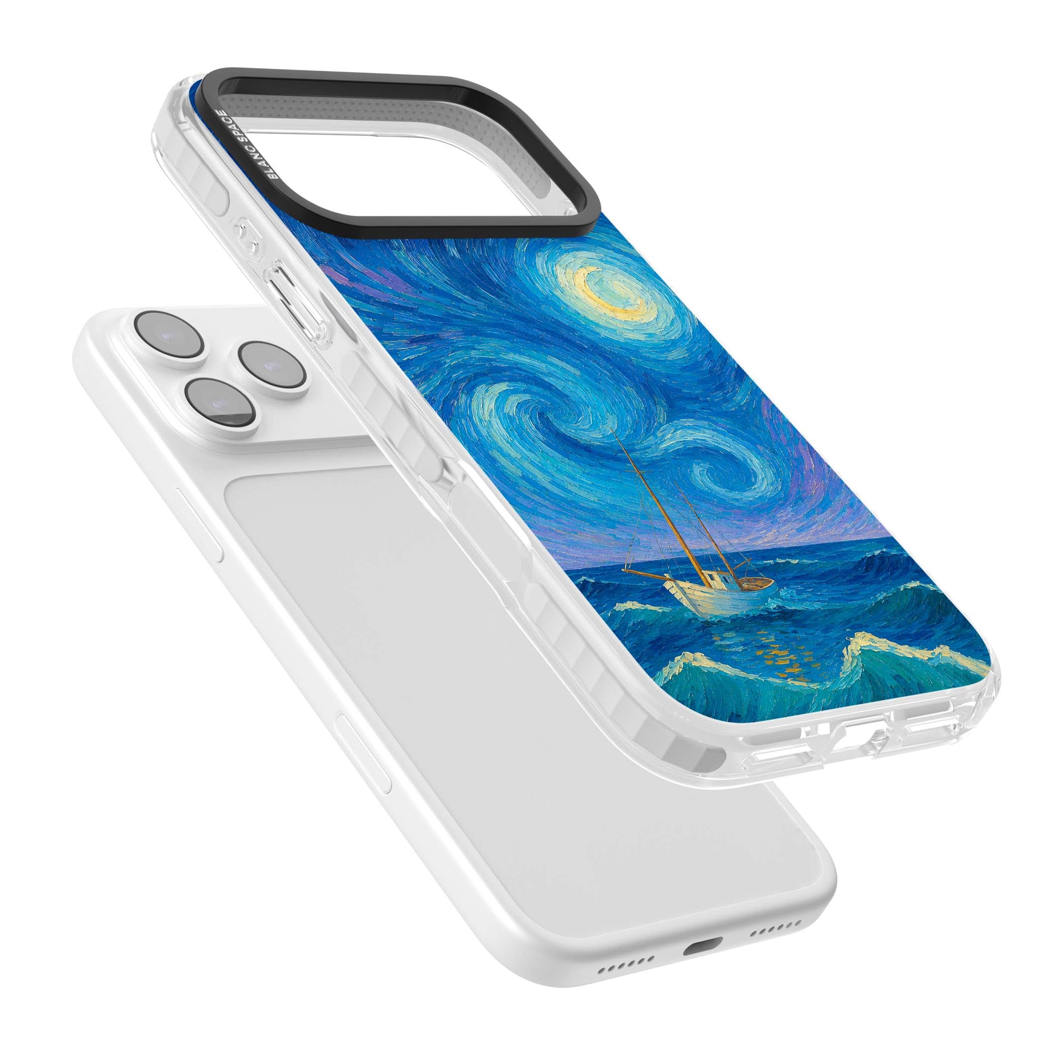 Moonlit Tide Van Gogh art iPhone case featuring swirling starry night sky, glowing moon and lone sailing boat at sea | Impact Magsafe case for iPhone 17 Pro, iPhone 17 Pro Max