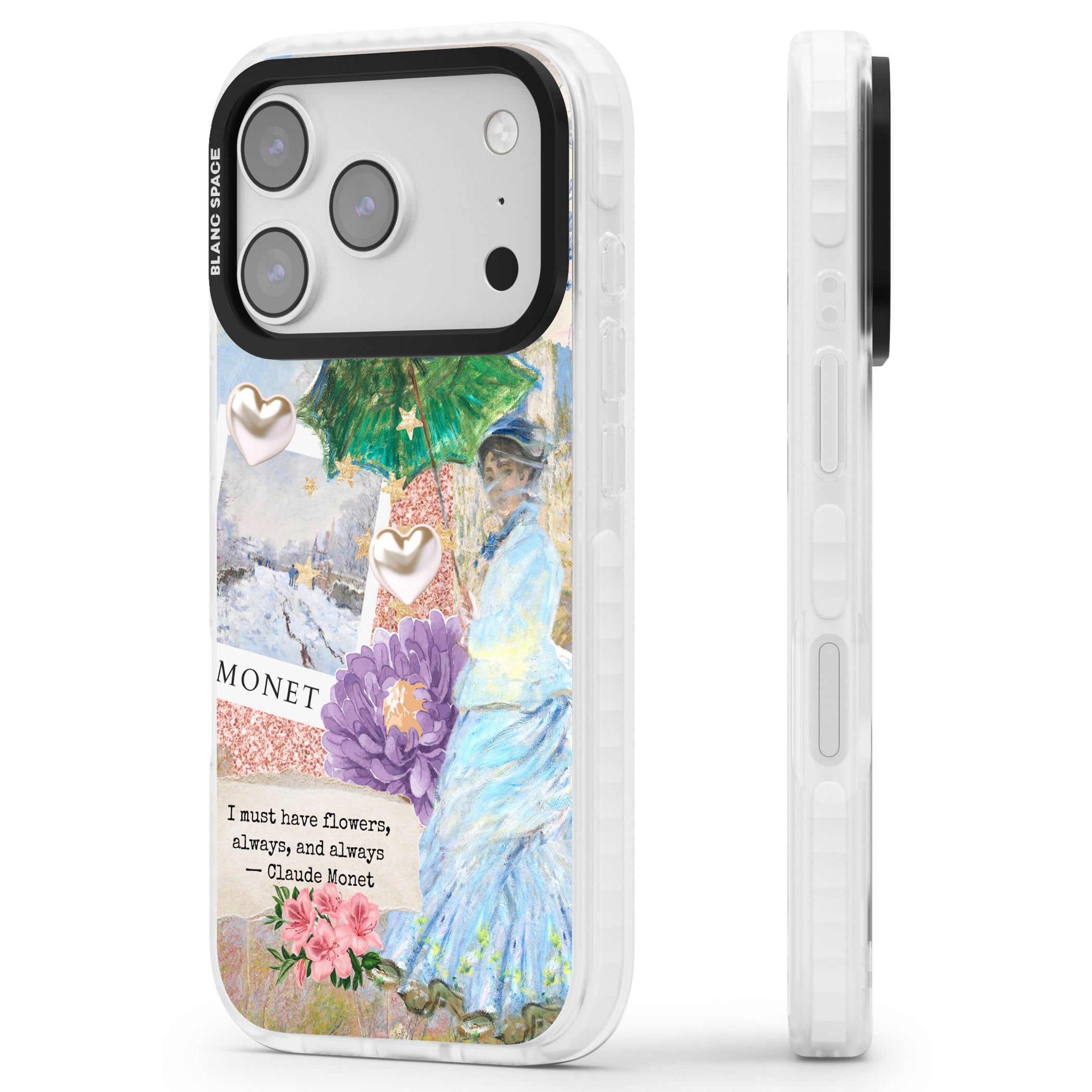 Monet 'Must Have Flowers' Collage iPhone 17 Pro Max Impact Pro Clear Phone Case Side Profile