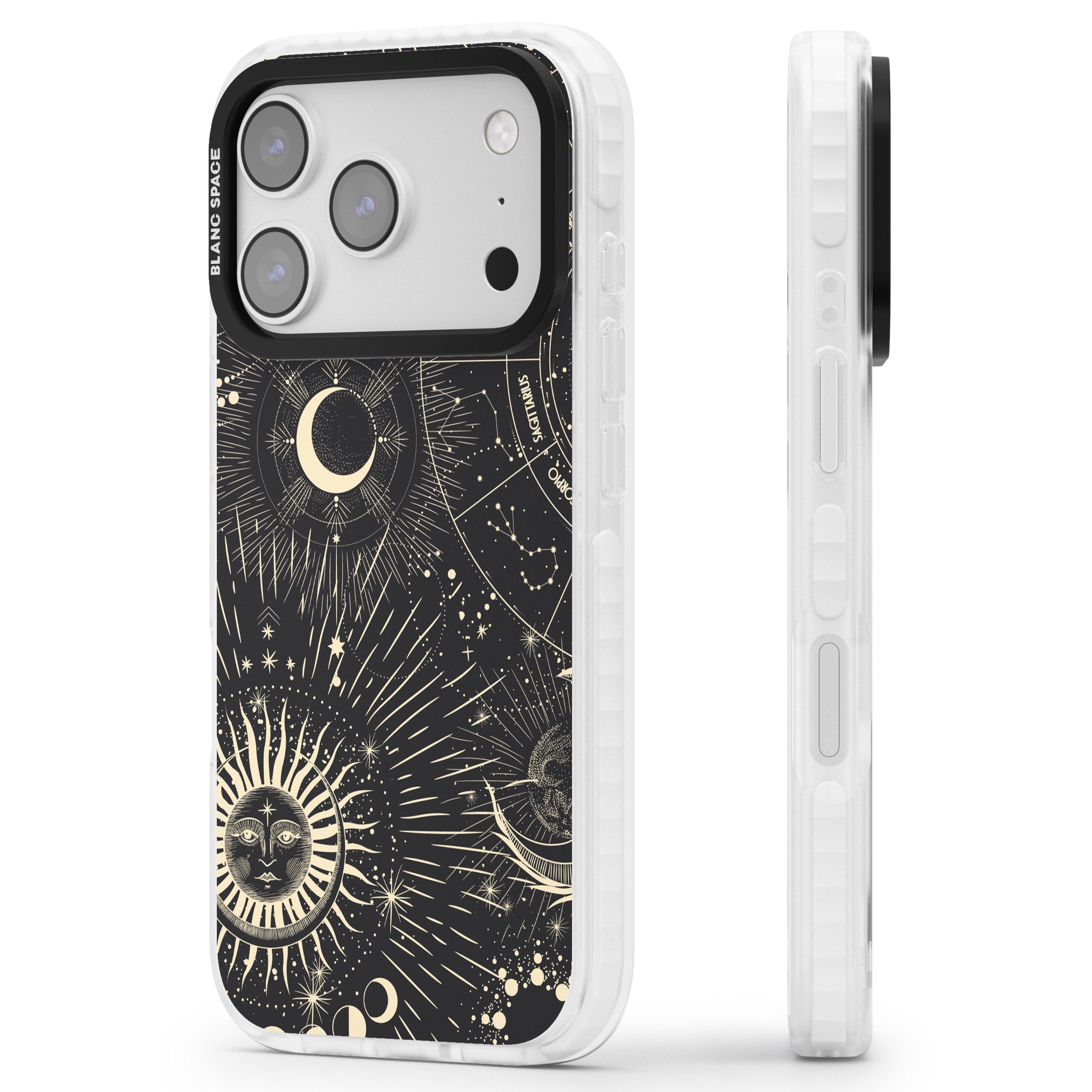 Cosmic Sun & Symbols Zodiac iPhone 17 Pro Max Impact Pro Clear Phone Case Side Profile