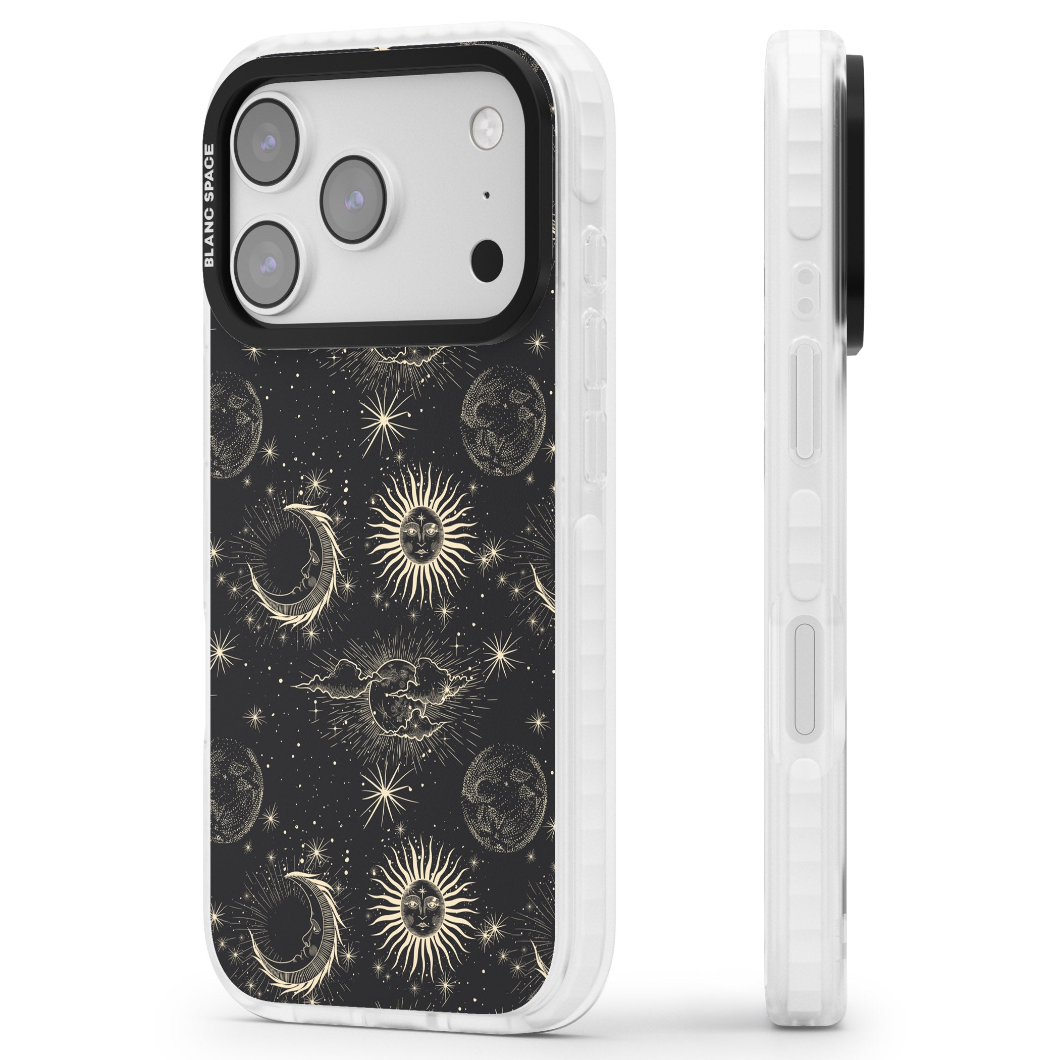 Suns & Moons Celestial Night iPhone 17 Pro Max Impact Pro Clear Phone Case Side Profile